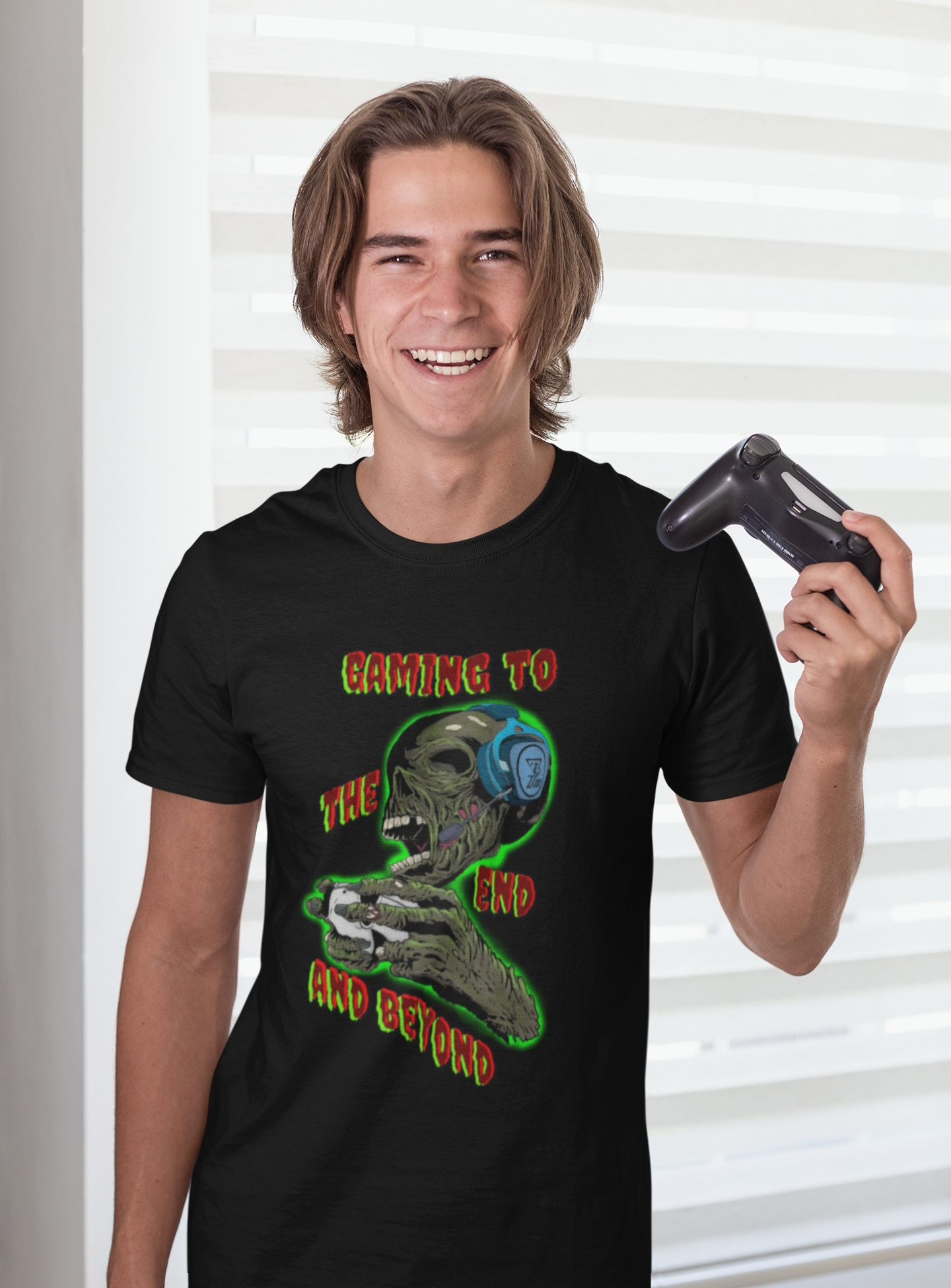 Black everyday wear top highlighting the spooky gamer t-shirt design ideal for YouTube streamers.