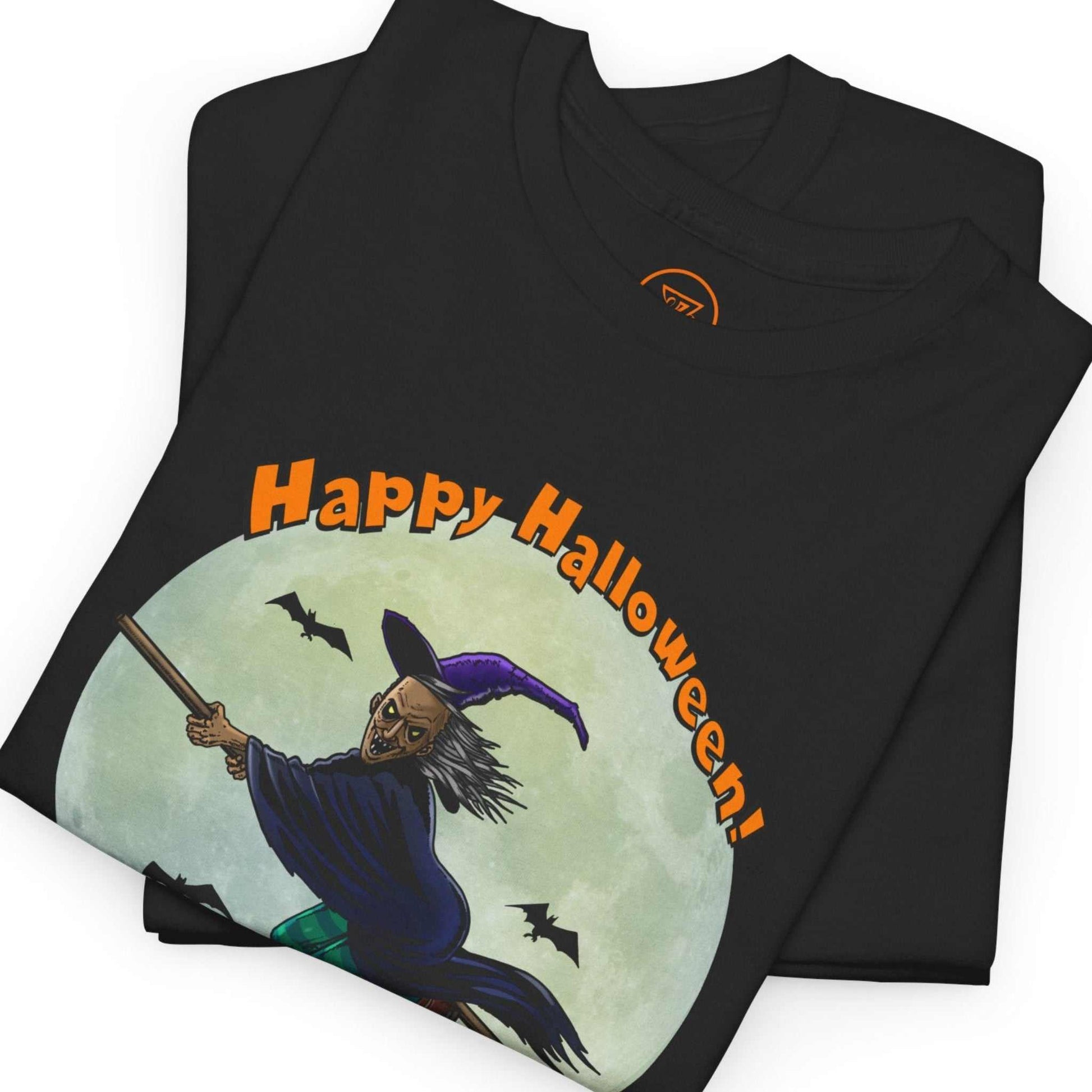 Macro shot of the custom flying witch and Happy Halloween text printed on black fabric.