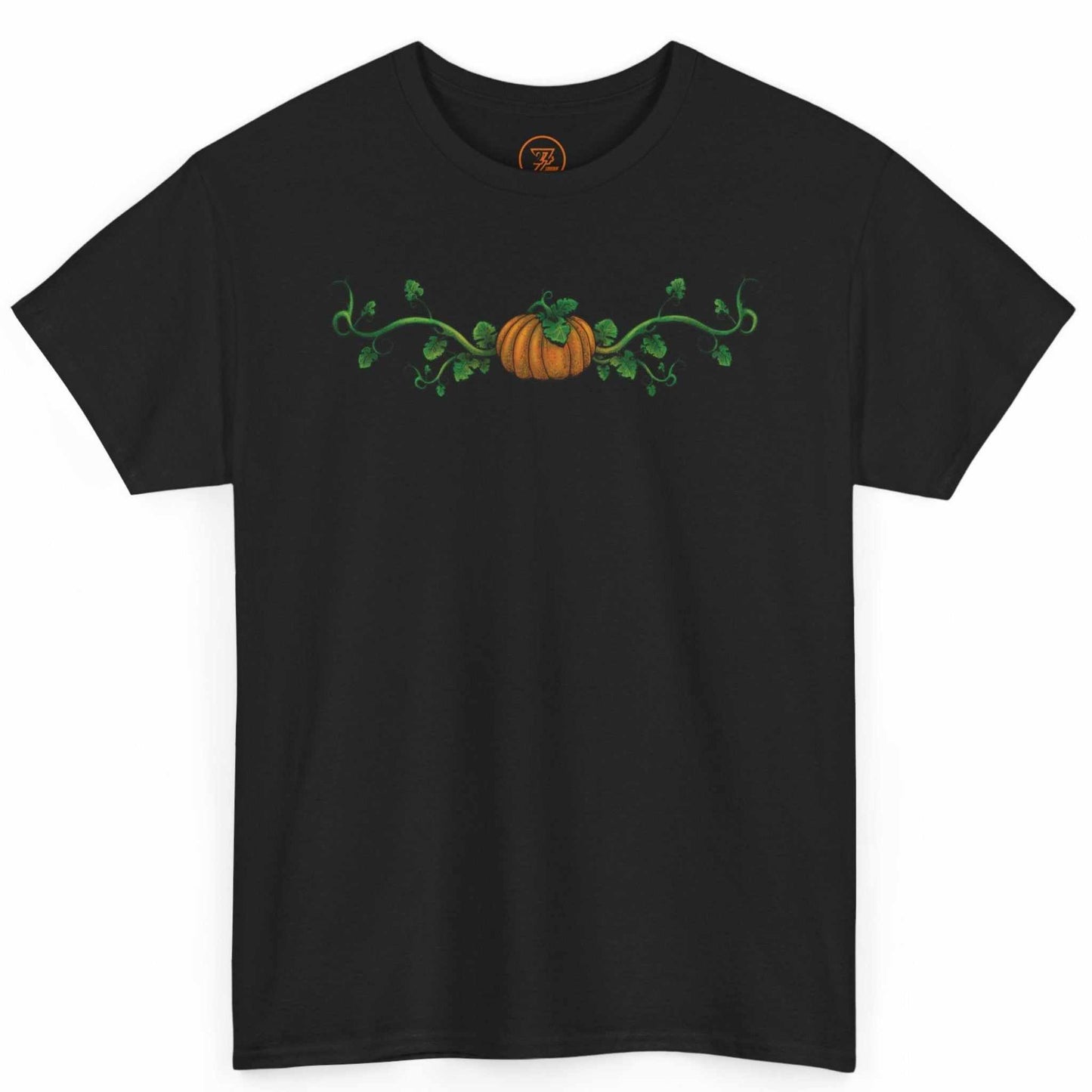 Front view of a black fall graphic t-shirt by 24/7 Unique Designs featuring a pumpkin vine.