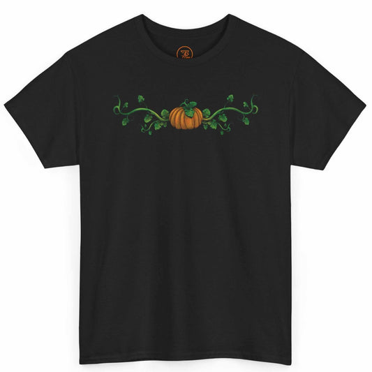 Front view of a black fall graphic t-shirt by 24/7 Unique Designs featuring a pumpkin vine.