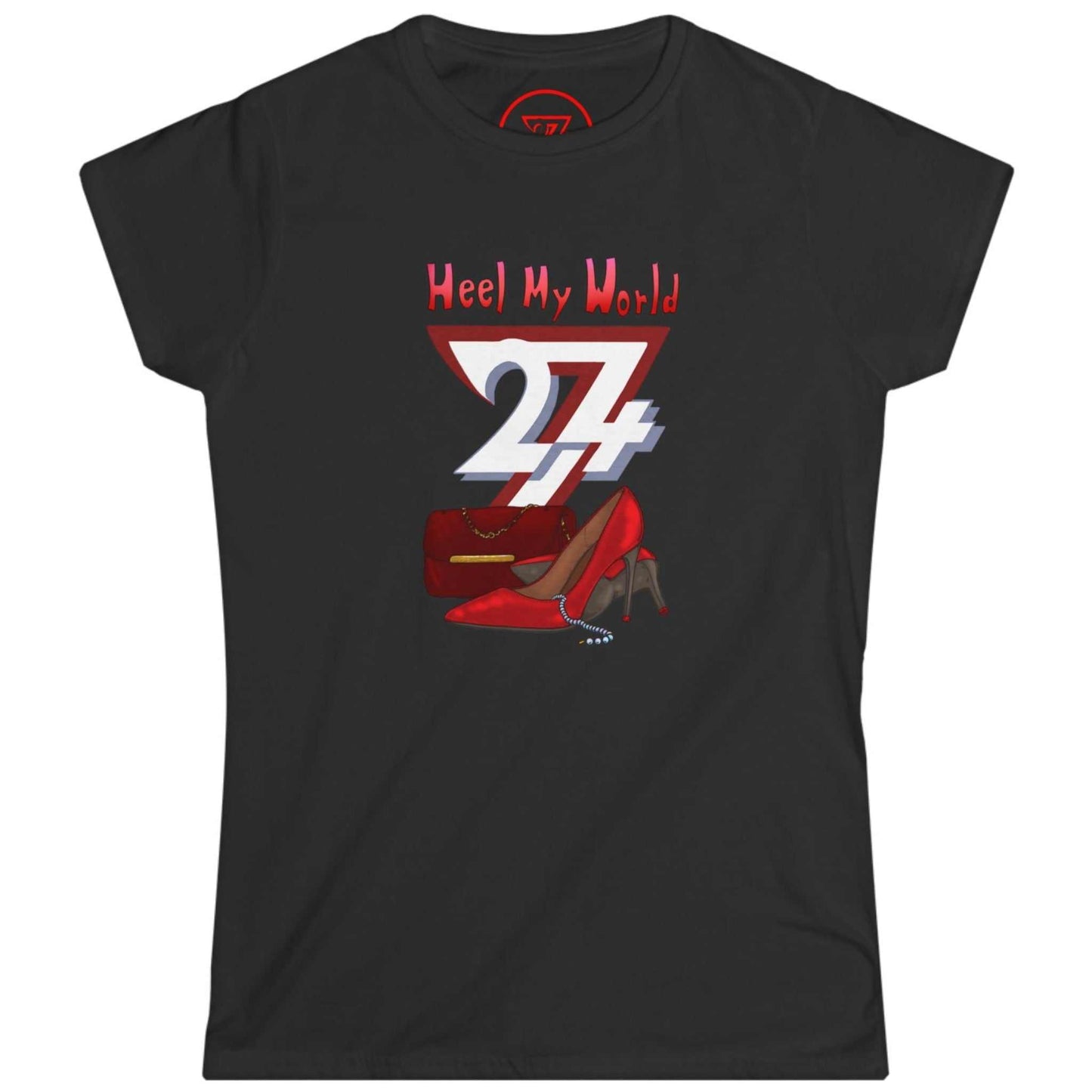 Black fashion lover women's top showcasing the vibrant red boutique style graphic, laid flat.