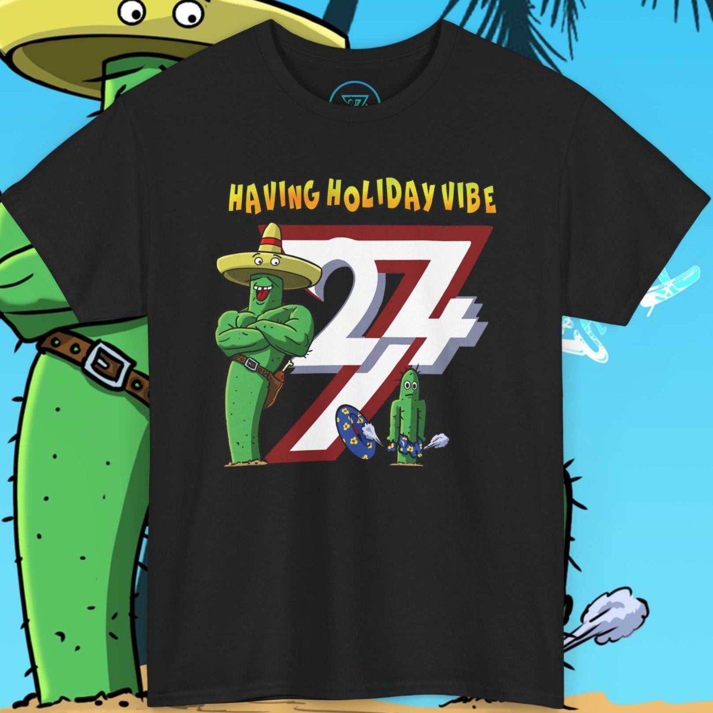 Black graphic tee showing Leonando the cactus with a chicken leg holster next to his son Littleando.