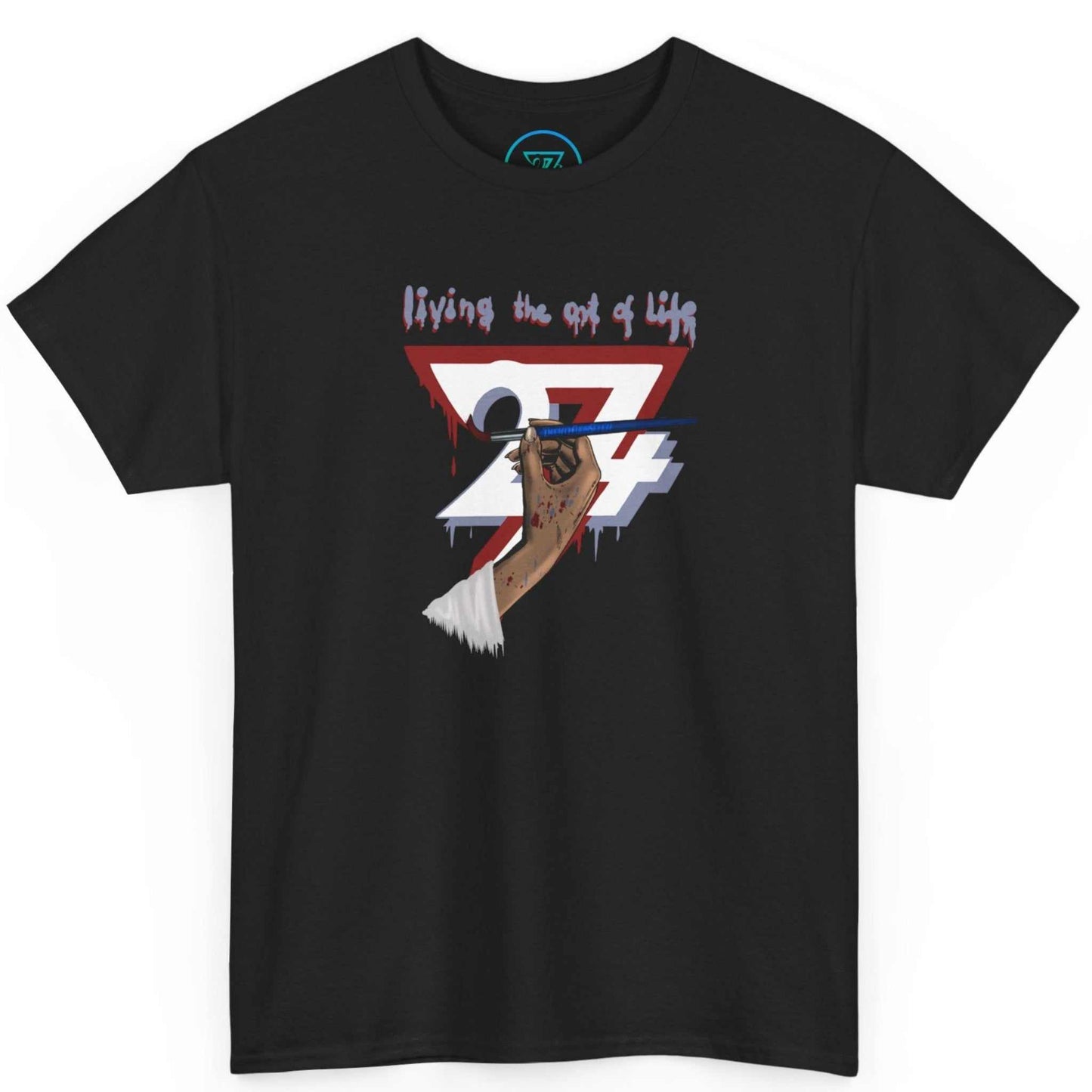 Black female artist shirt showcasing the vibrant paintbrush graphic, laid flat.