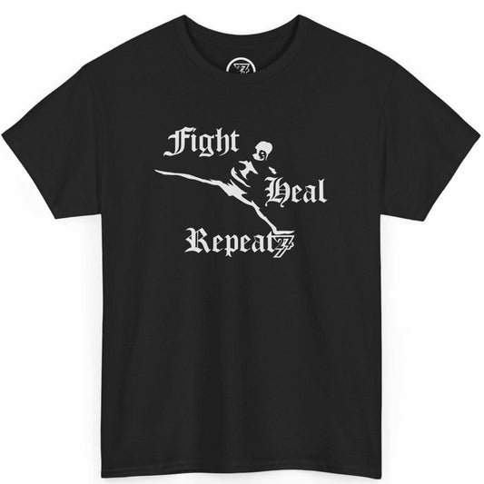 Front view of a sleek black Fight Heal Repeat combat sports tee featuring the hand-drawn kickboxing graphic, displayed on a clean background.