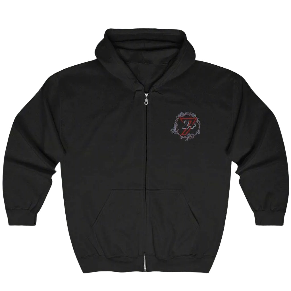 Black women's zip up hoodie with a small flower logo on the left chest.