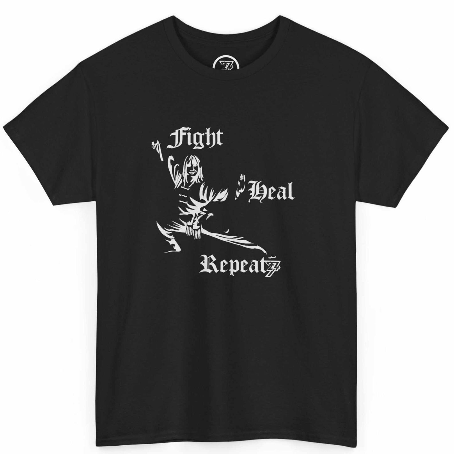 Front view of a sleek black forms training clothing tee showcasing the Fight Heal Repeat mantra, laid flat.