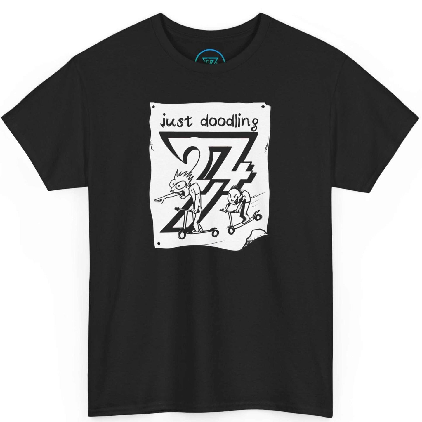 Black funny cartoon scooter shirt showcasing the high-contrast retro sketch artwork, laid flat.