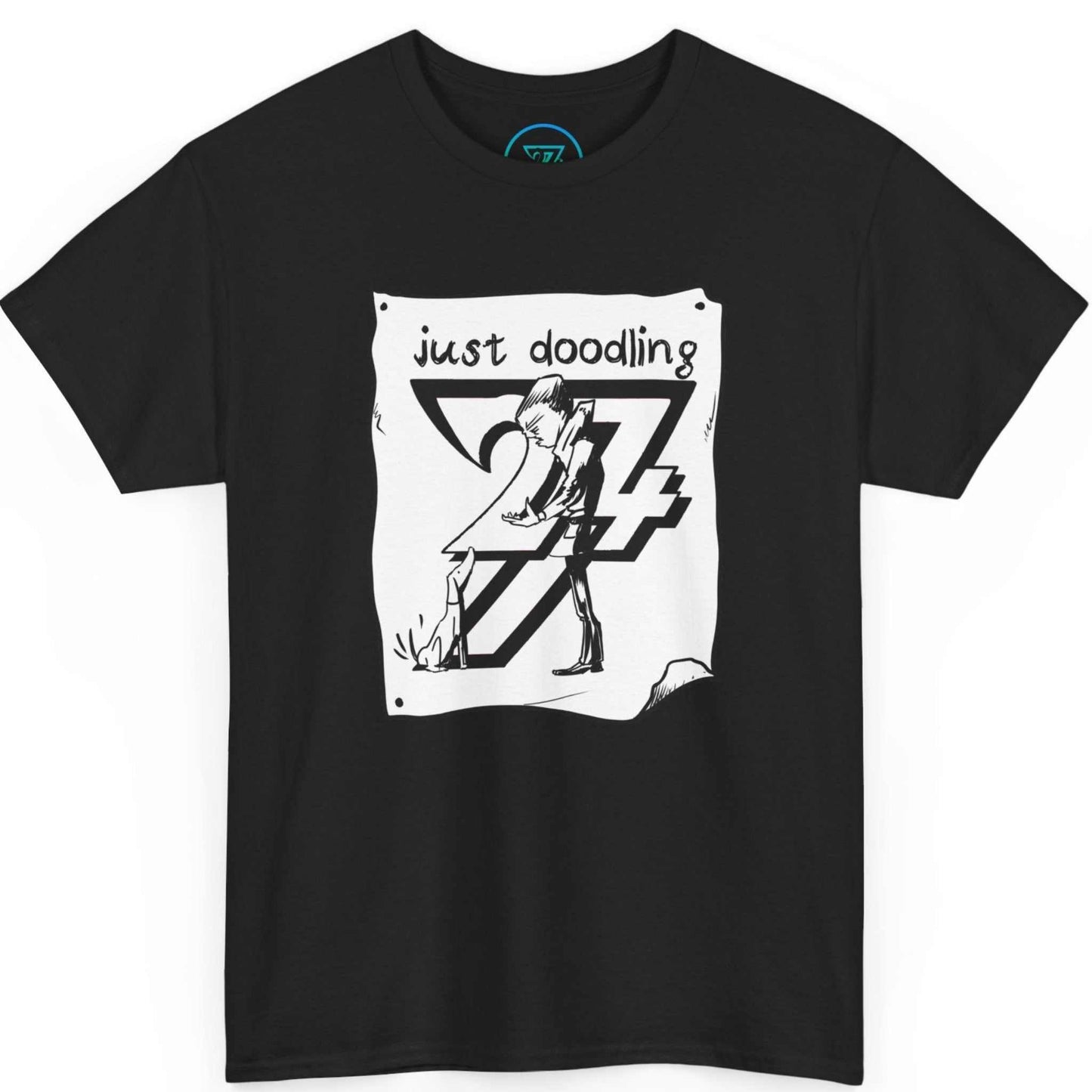 Black funny dog lover graphic tee showcasing the high-contrast retro sketch artwork, laid flat.