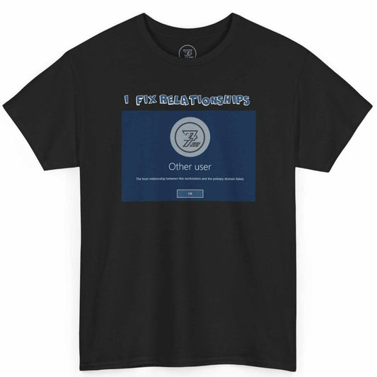 Front view of a black funny IT professional graphic t-shirt by 24/7 Unique Designs featuring a domain error message.