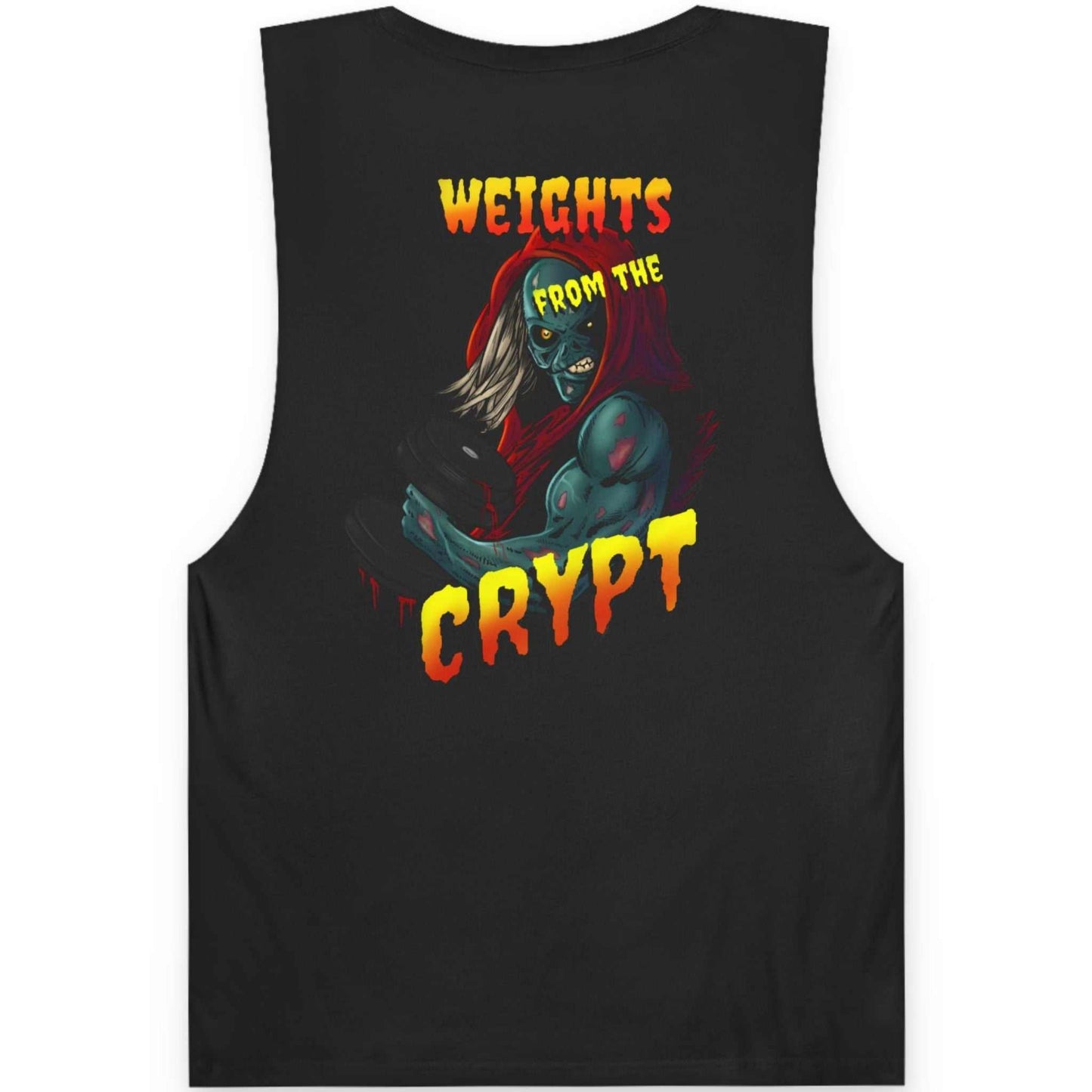 Back view of a black funny lifting apparel shirt featuring the high-contrast retro comic back graphic.