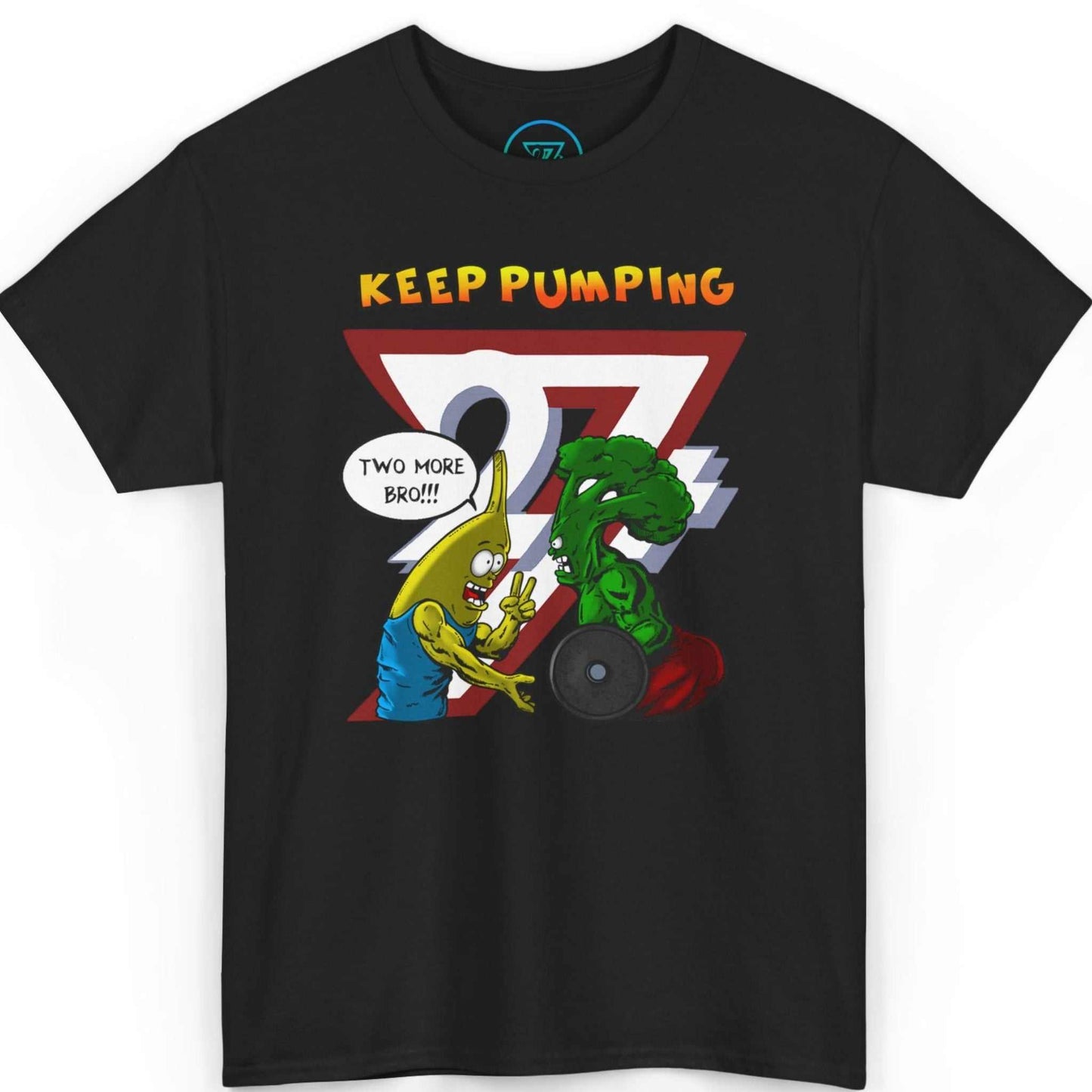 Front view of a sleek black funny lifting t-shirt displaying the colorful broccoli and banana gym graphic, shown on a clean background.