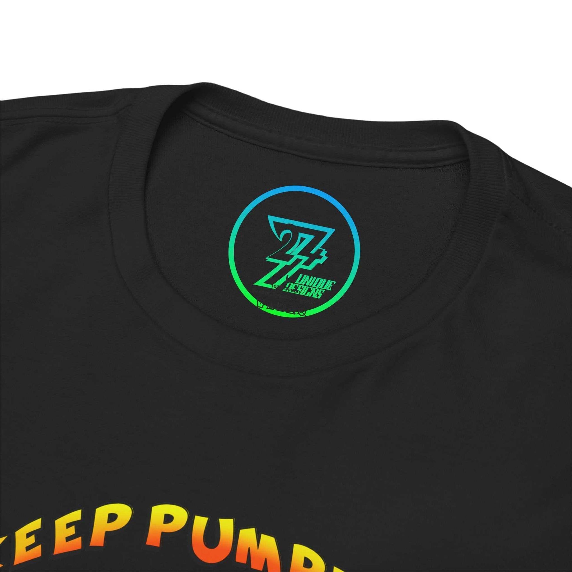 Close-up of the seamless crew neckline on the black funny workout shirt, highlighting the neat construction and inner label.