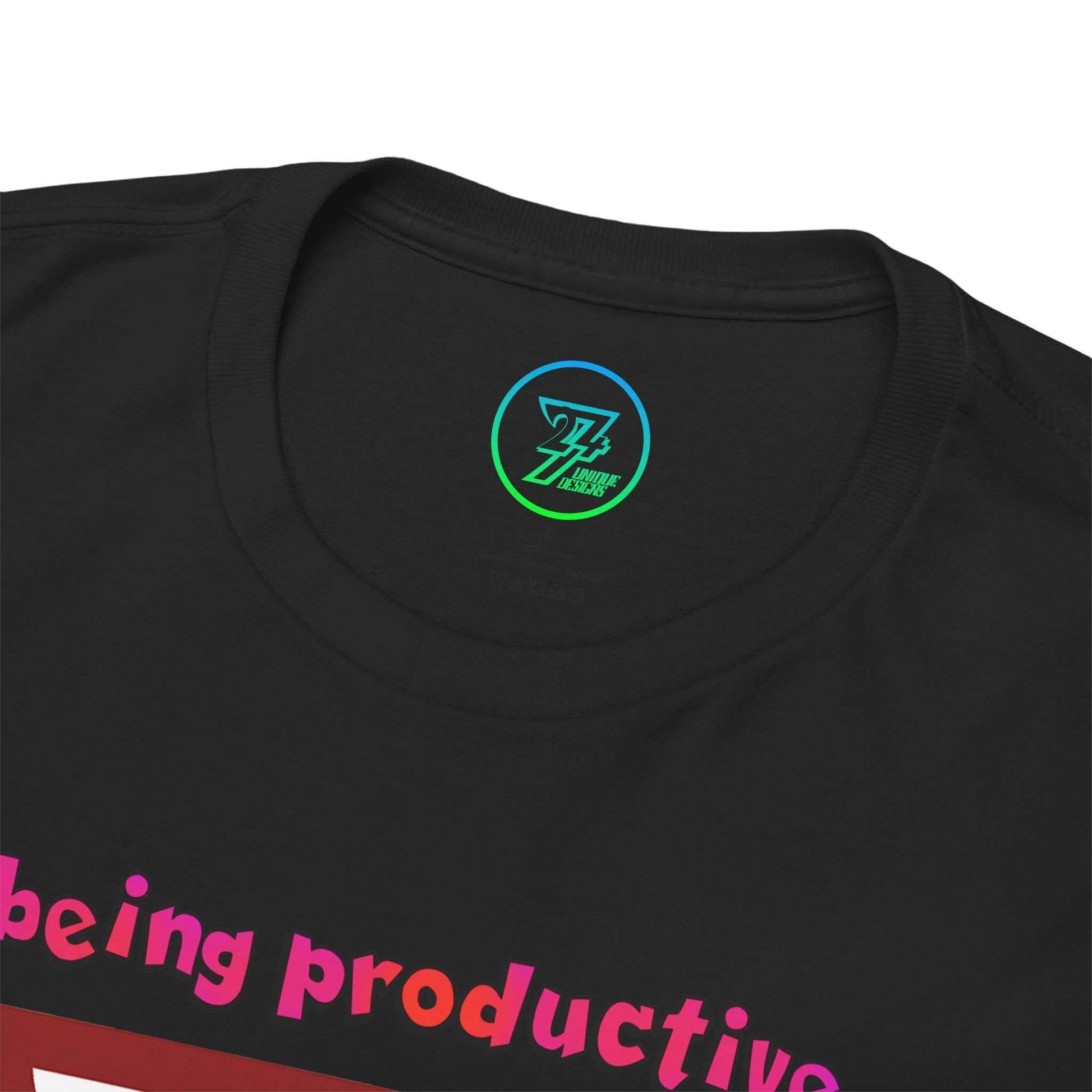 Close-up of the shape-retaining ribbed knit collar on the black gamer unmotivated clothing tee, highlighting the seamless construction. 24/7 logo.