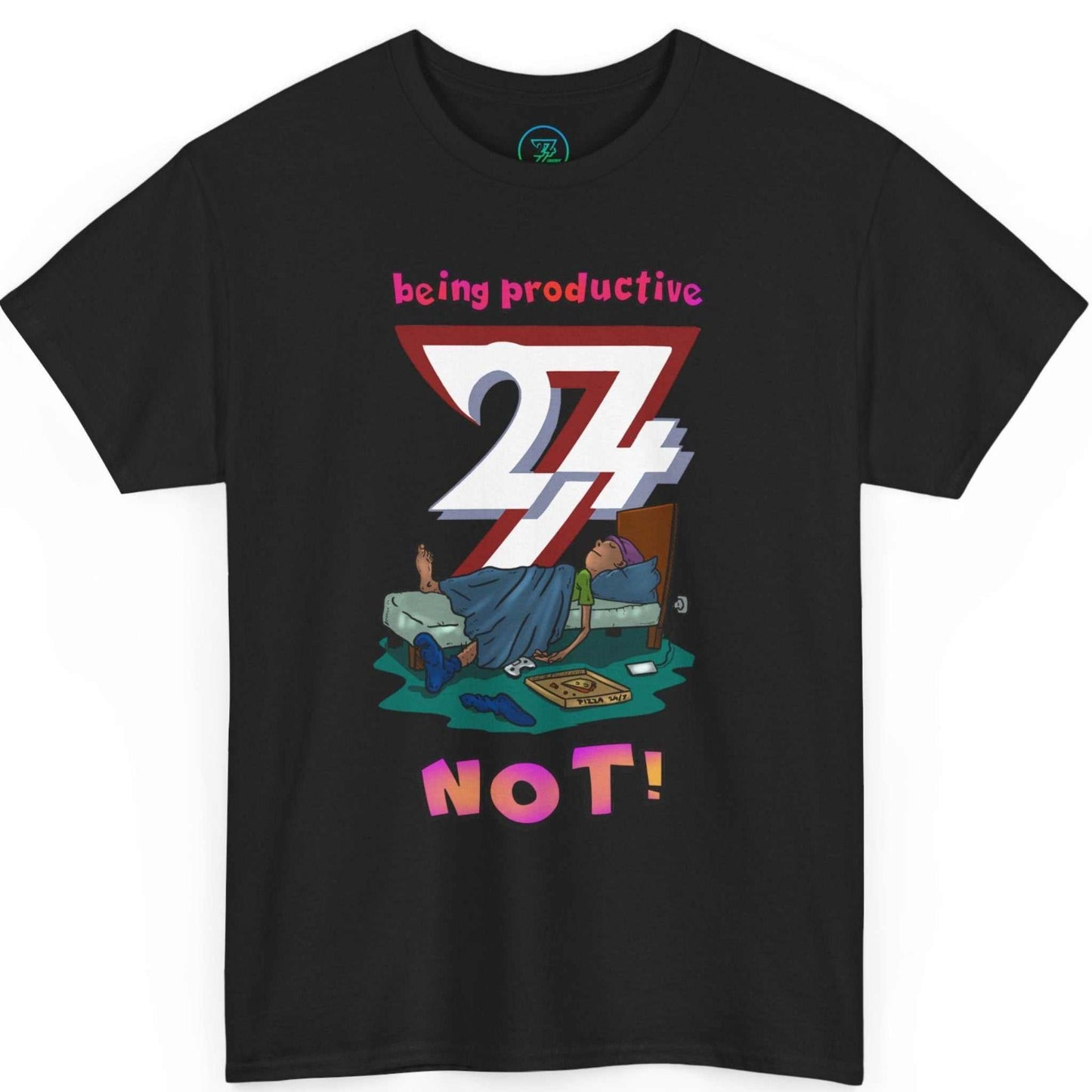 Black gamer unmotivated clothing tee showcasing the vivid hand-drawn messy bed scene, shown on a clean background.