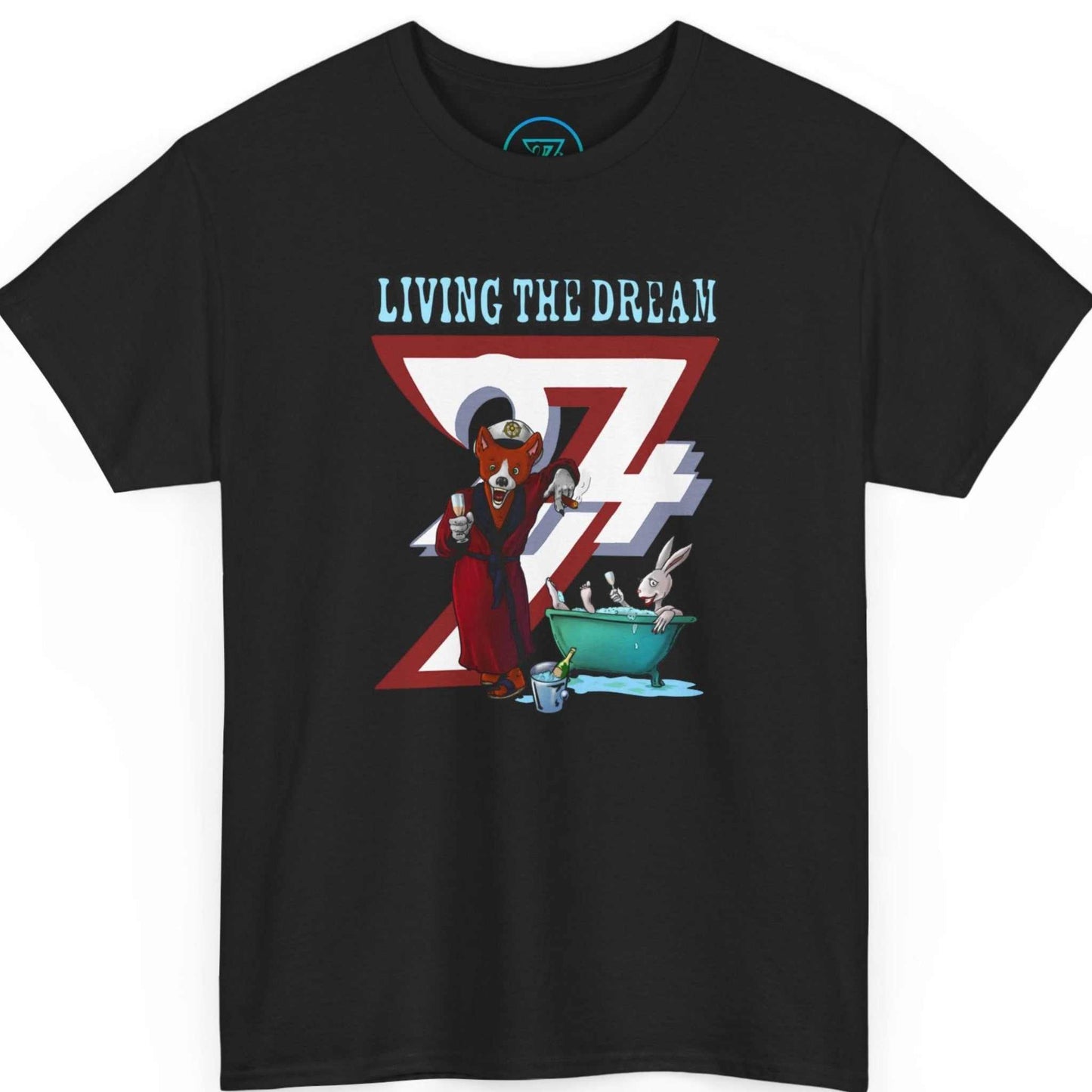 Black groomsmen gift t-shirt showcasing the vibrant Living The Dream graphic, displayed on a clean background.