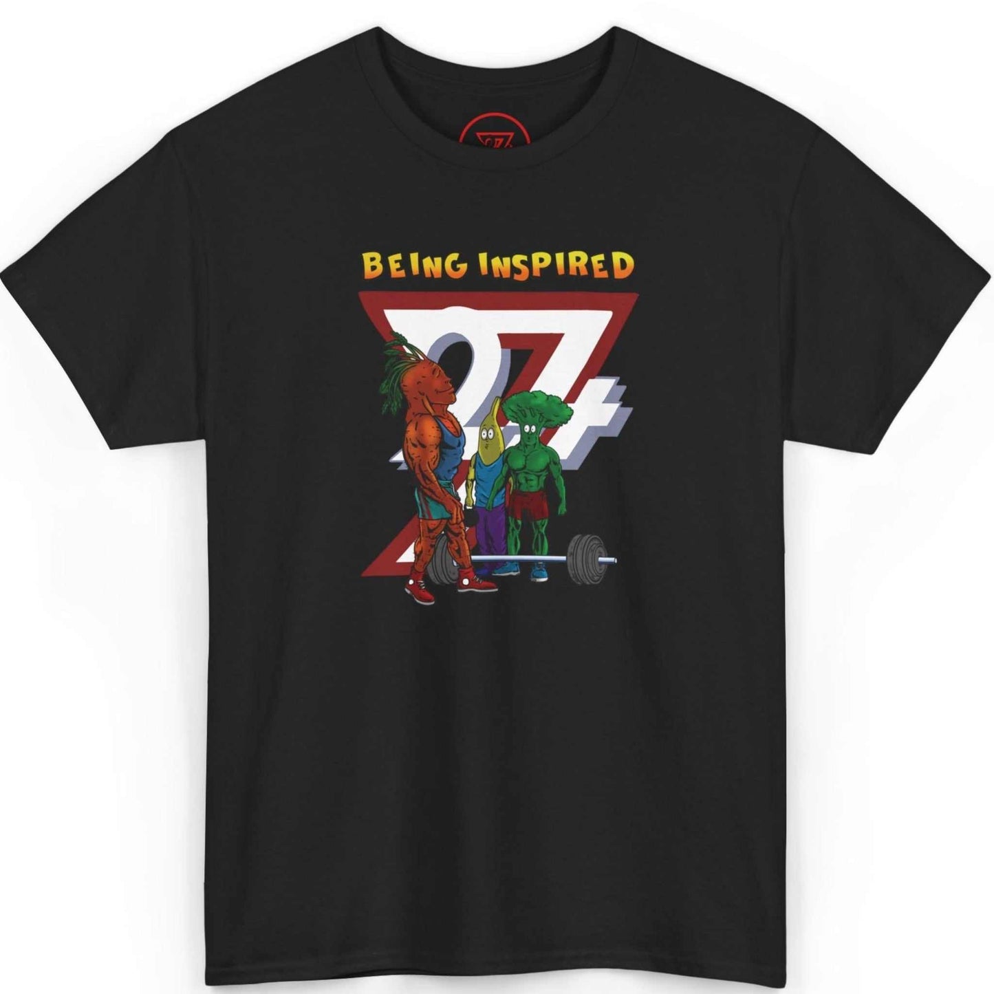 Front view of a sleek black gym buddy workout tee displaying the vibrant carrot, banana, and broccoli illustration, shown on a clean background.