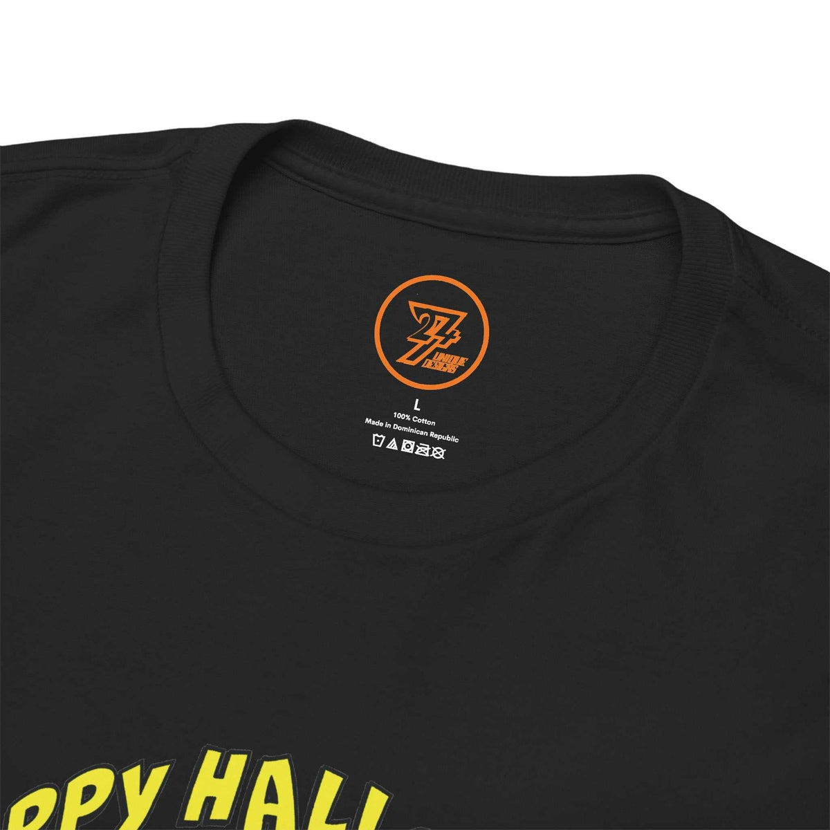 Close-up of the ribbed knit collar on the black Halloween apparel tee, clearly showing the official 24/7 Unique Designs trademark logo inner label branding.