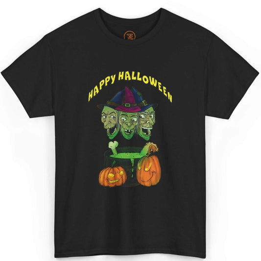 Front view of a sleek black Halloween witches graphic tee featuring the digitally hand-drawn witches art, displayed on a clean background.