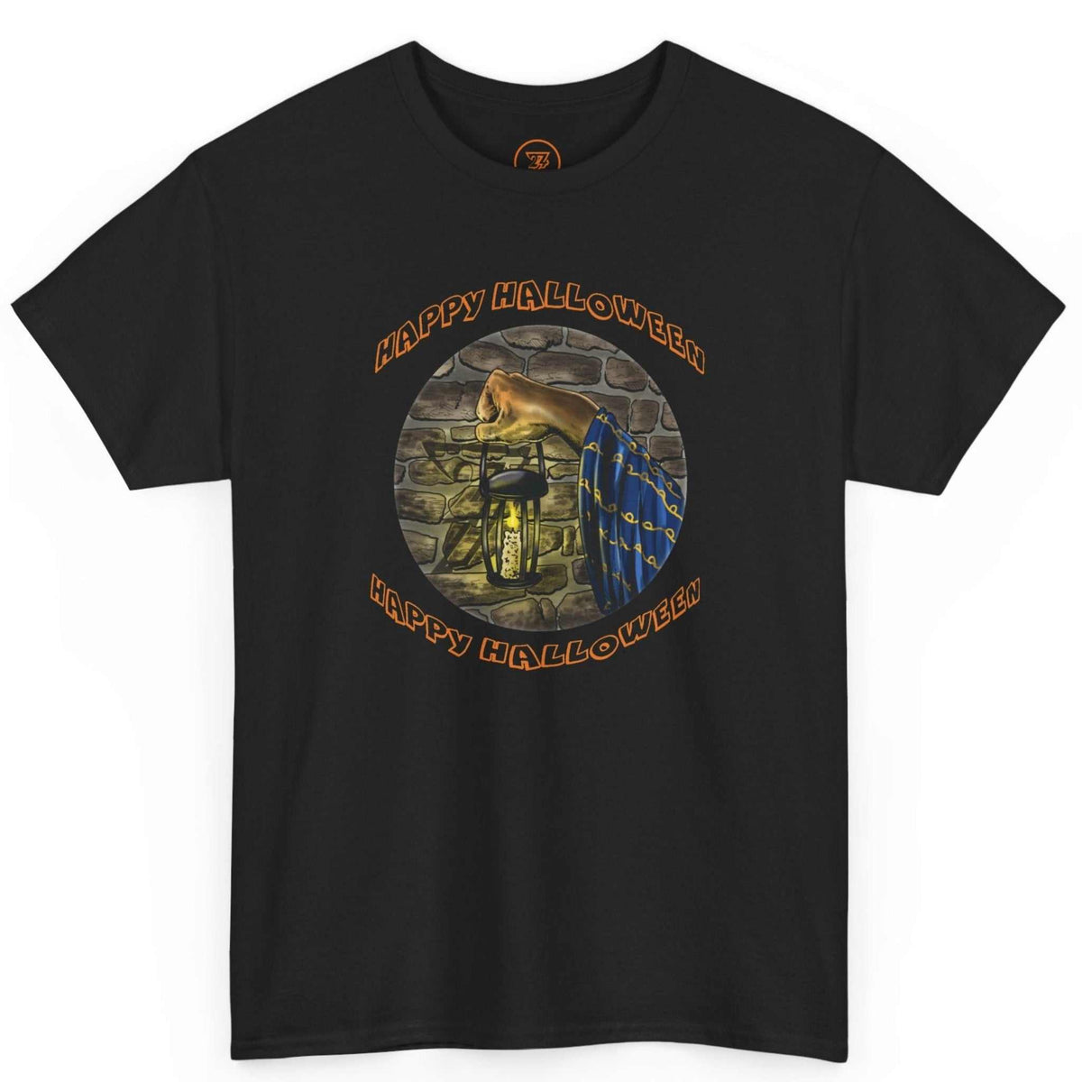 Front view of a sleek black Halloween wizard graphic tee showcasing the vibrant digitally hand-drawn lantern illustration, laid flat on a clean background.