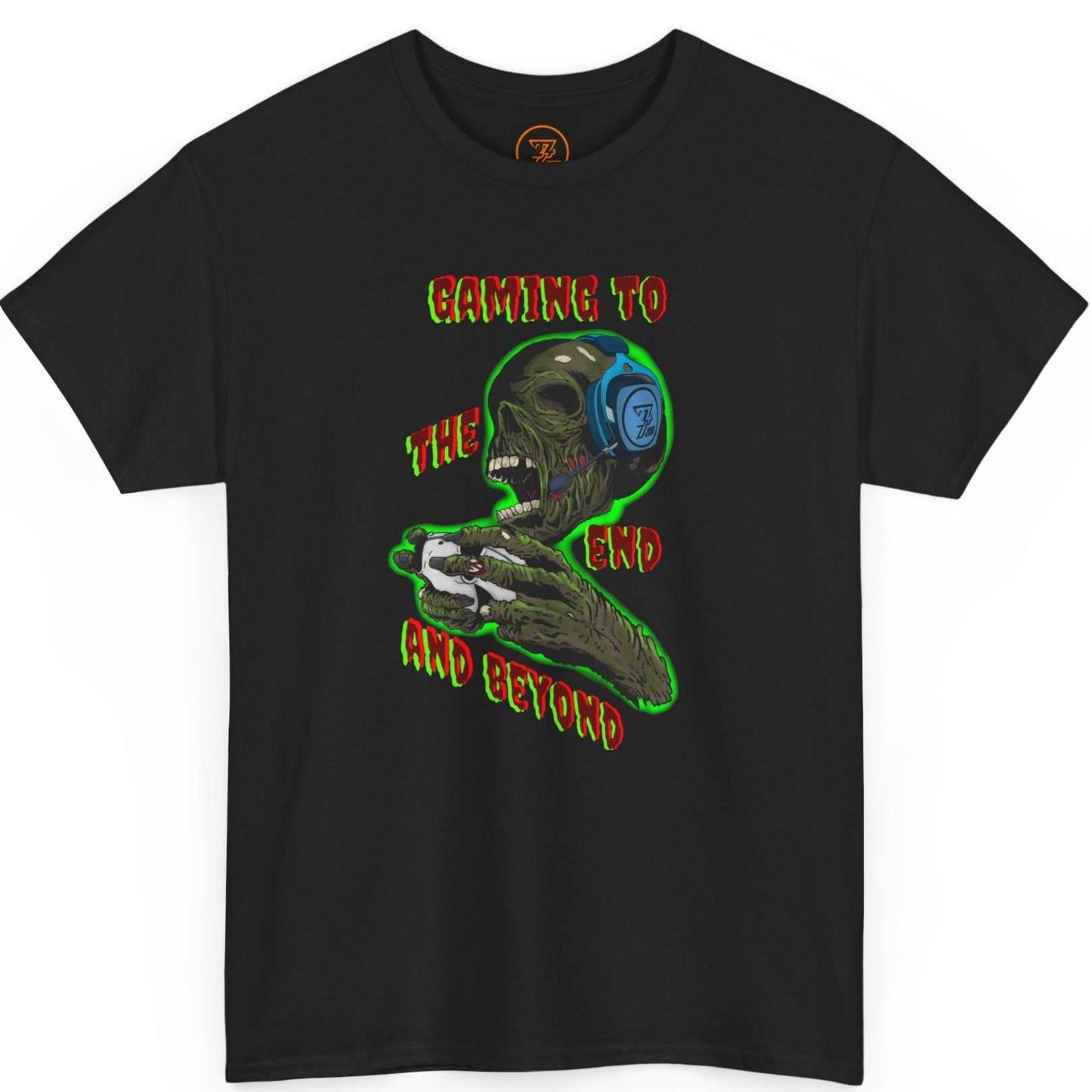 Solid black Halloween zombie tee displaying the gaming to the end and beyond illustration.