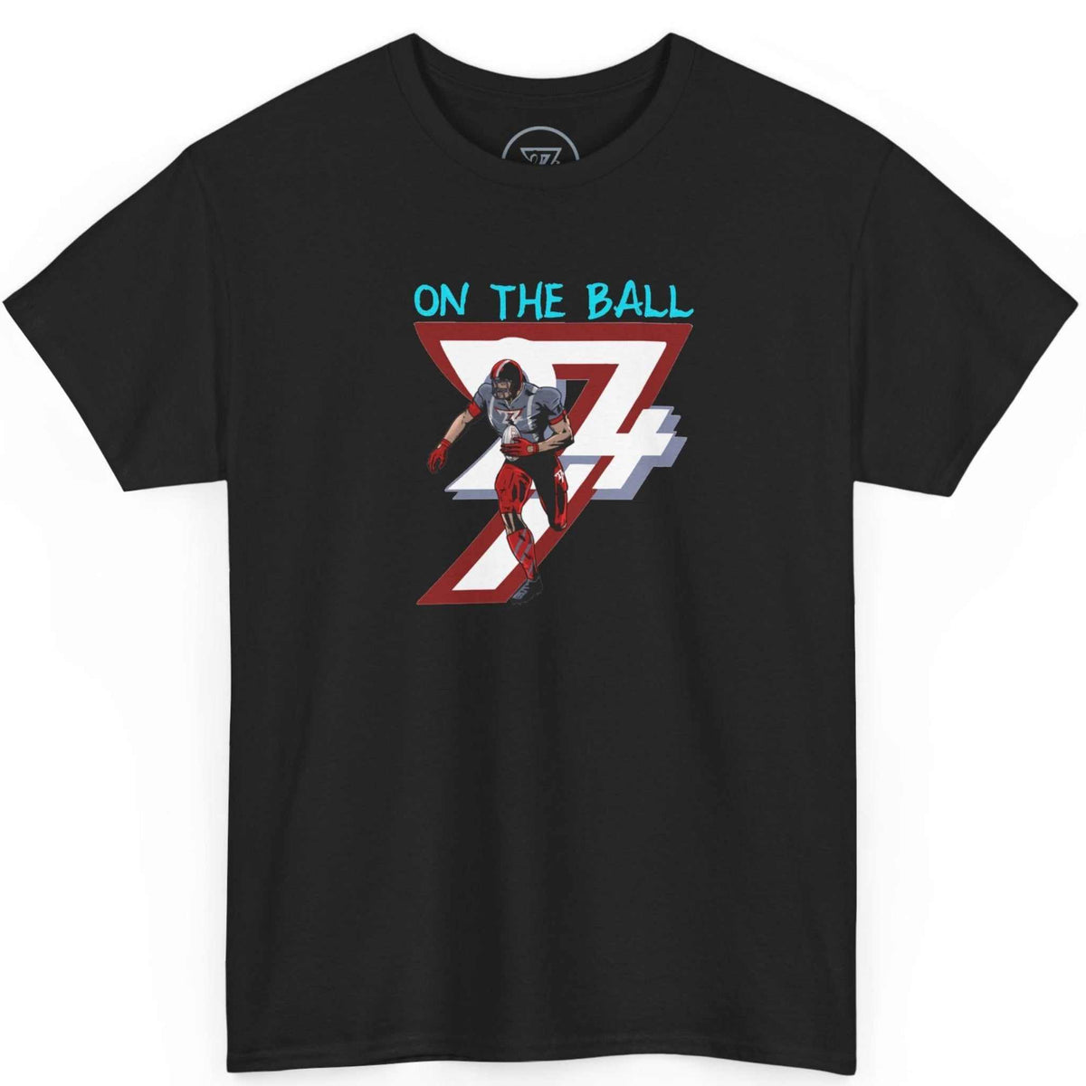 Front view of a sleek black hand-drawn game day shirt showcasing the classic american football player graphic, laid flat on a clean background.