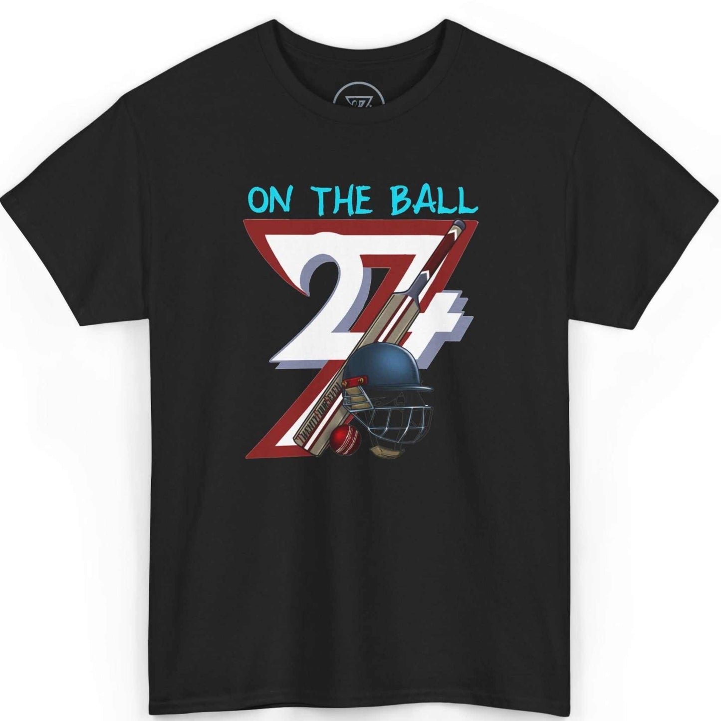 Front view of a sleek black hand-drawn sports apparel tee showcasing the detailed DTG cricket artwork, displayed on a clean background.