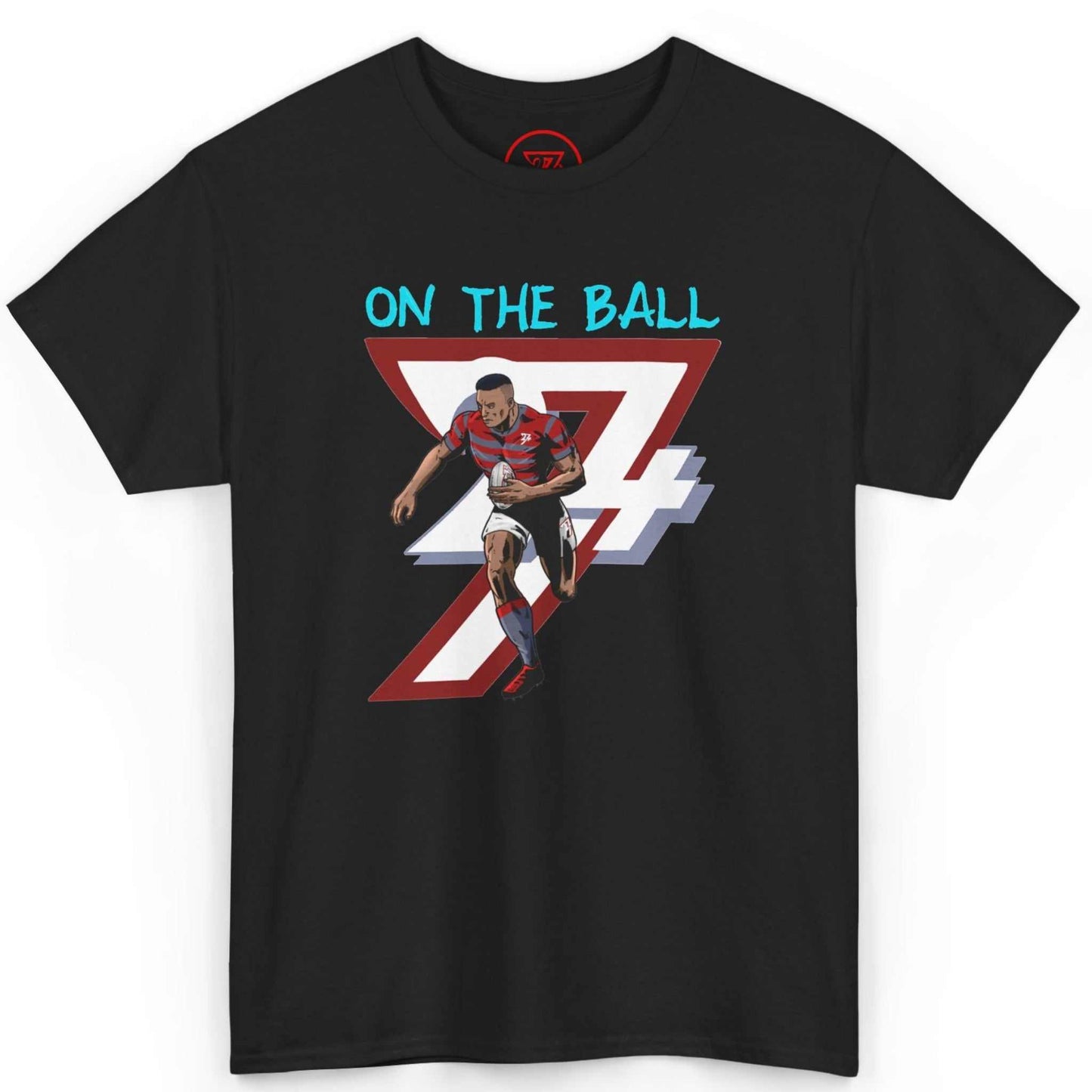 Front view of a black hand-drawn sports shirt highlighting the energetic rugby illustration, displayed on a clean background.