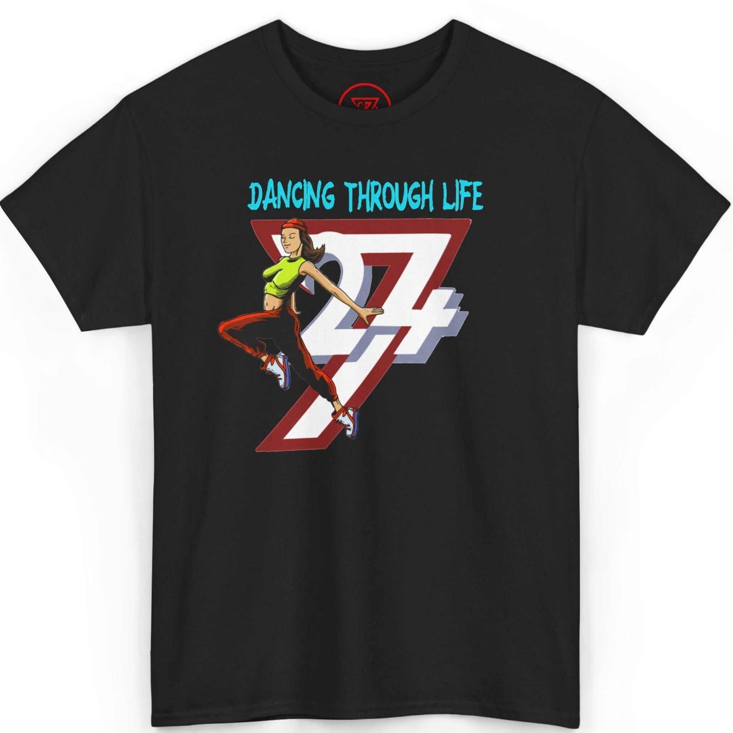 Front view of a sleek black hand-drawn streetwear tee showcasing the 90s hip-hop dancer graphic, laid flat on a clean background.