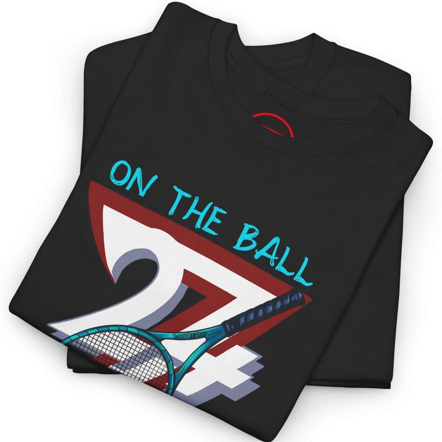 Neatly folded black hand-drawn tennis t-shirt highlighting the vibrant front print and medium-weight fabric, laid flat.