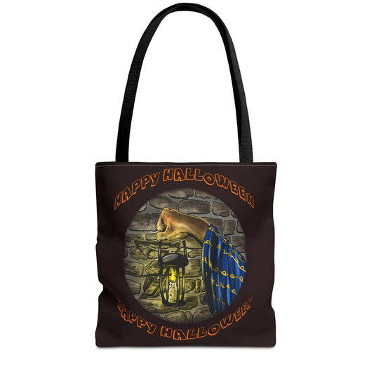 Front view of the spooky hand-drawn bag with black handles, showcasing the crisp digital fantasy art on a clean background.