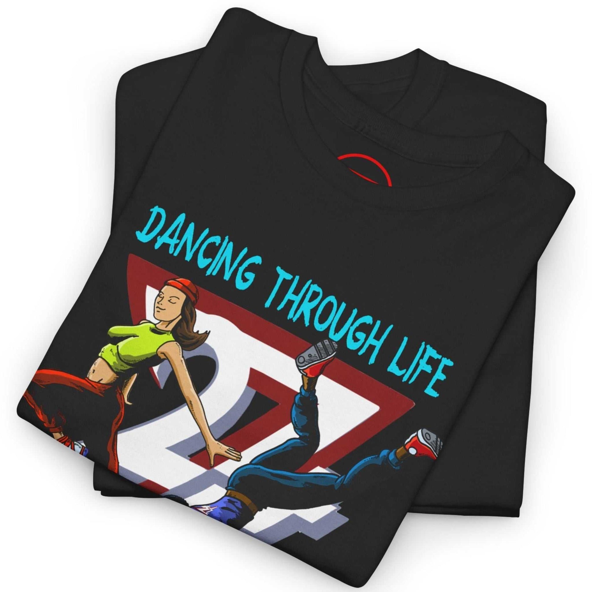 Neatly folded black hip-hop group shirt highlighting the crisp comic-style front print and premium fabric, laid flat.