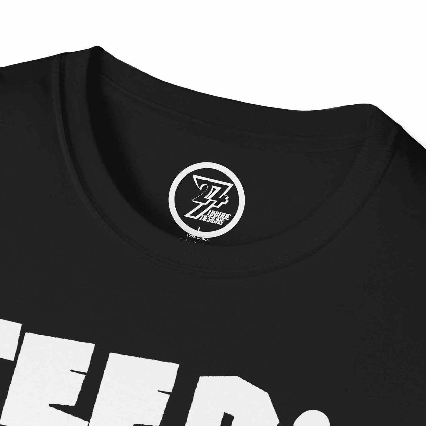 Close-up of the ribbed knit neckline on the black working dad zombie t-shirt, highlighting the robust construction.