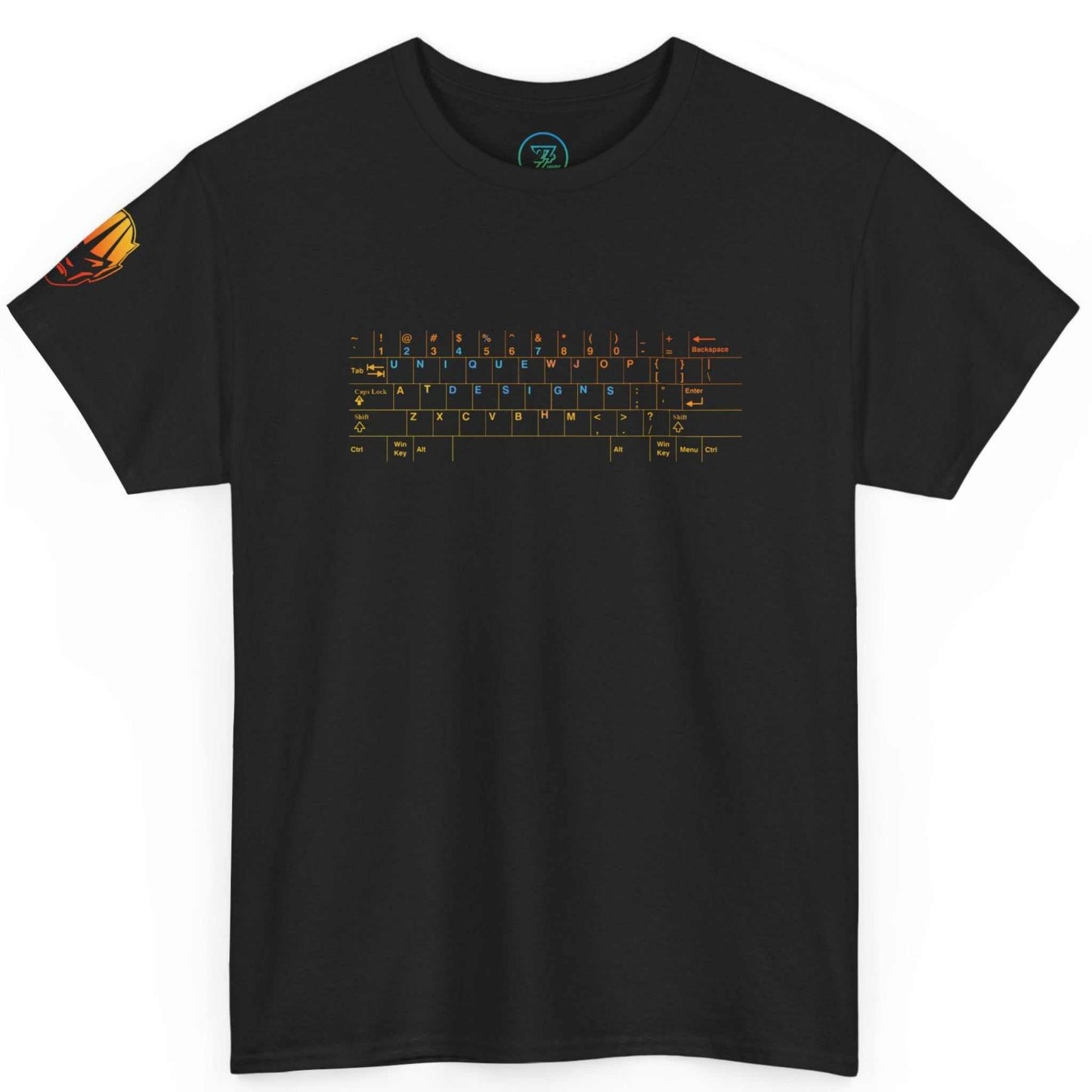 Front view of a black IT professional graphic t-shirt by 24/7 Unique Designs featuring a custom keyboard illustration.