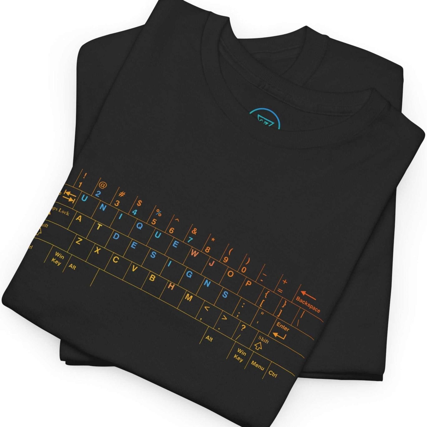 Folded black IT professional graphic t-shirt with keyboard illustration