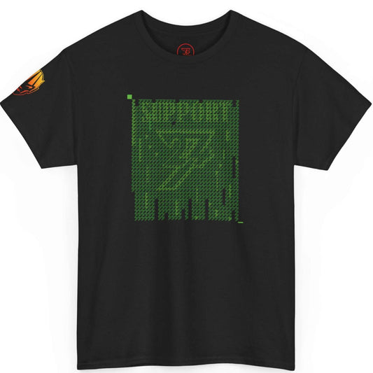 Front view of a black IT support graphic tee featuring a green Matrix-inspired digital rain design.