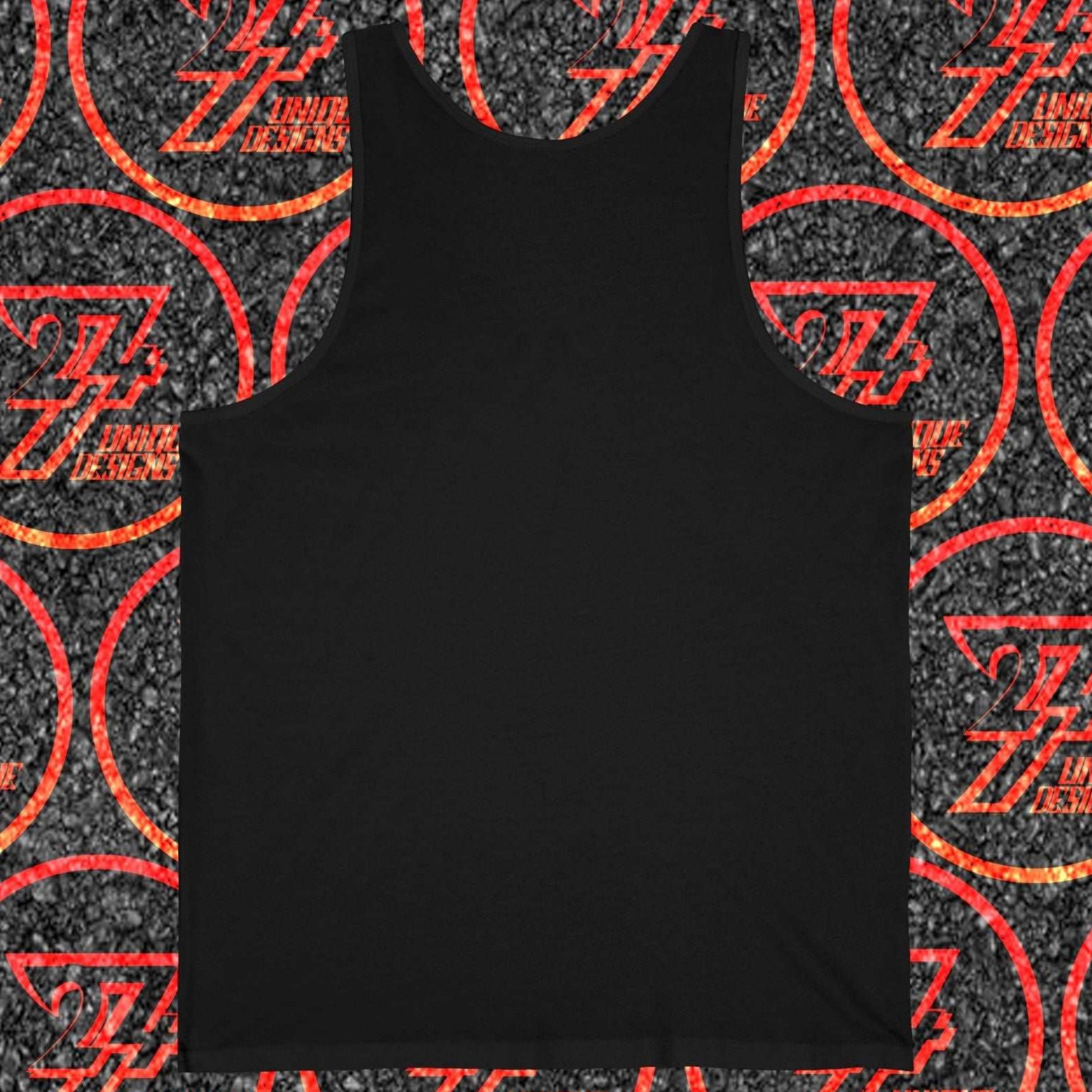 Back view of a plain black women's jersey cotton racerback-style tank top.