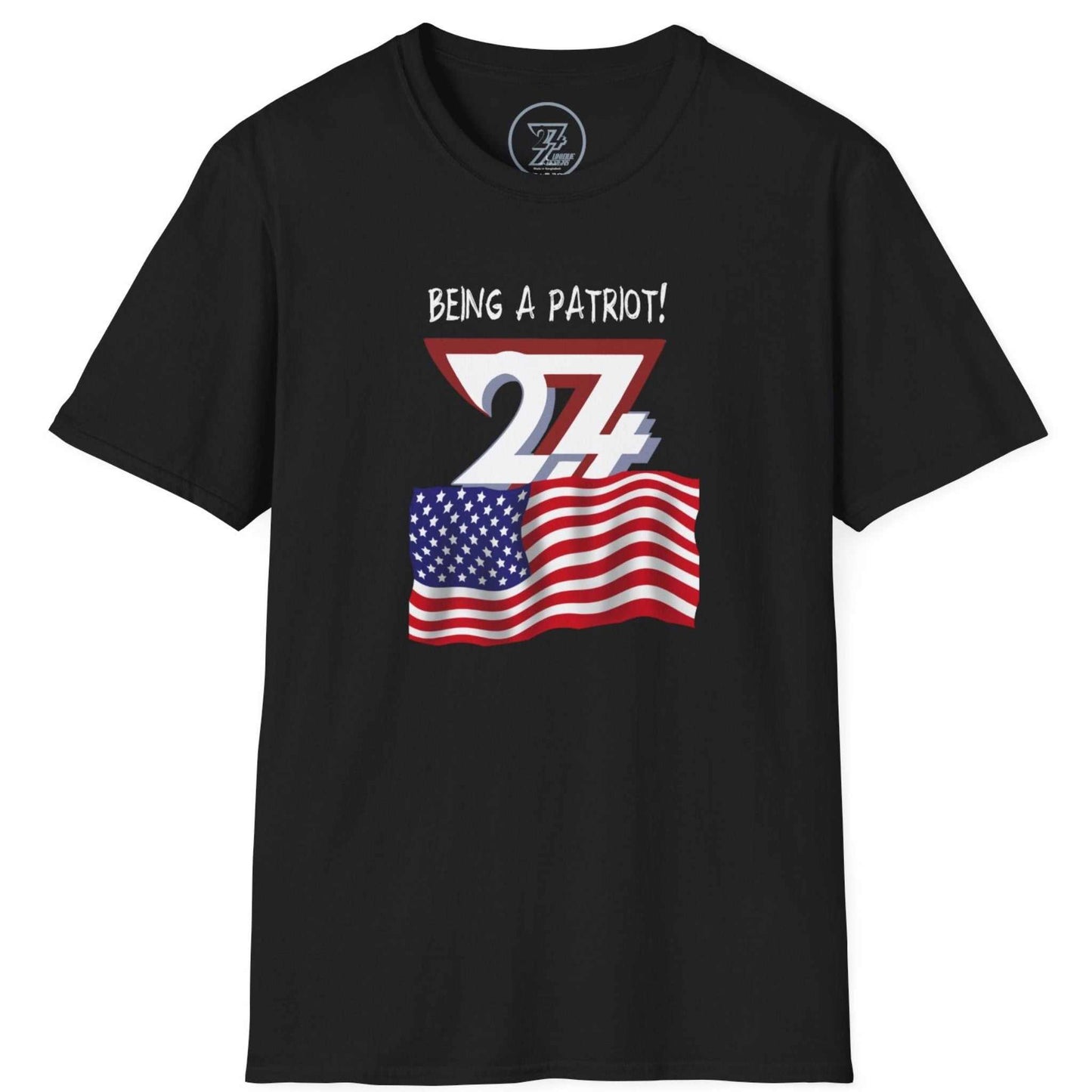 Black July 4th graphic tee showcasing the waving US flag illustration and white typography, laid flat.