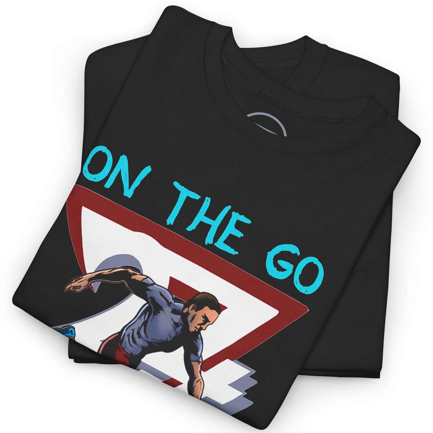 Neatly folded black marathon training shirt highlighting the crisp comic-style front print and premium fabric, laid flat.