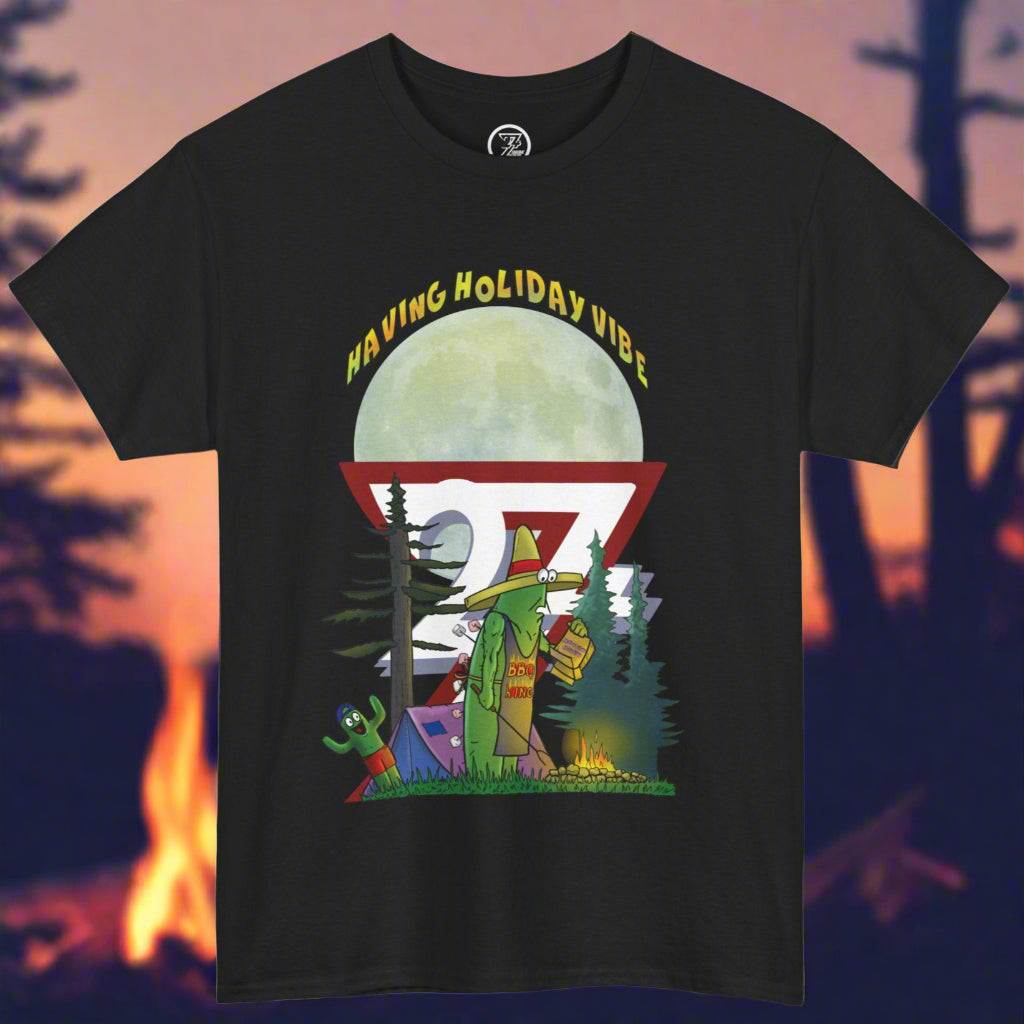 Black novelty summer tee showing a father and son cactus duo at a campfire with ironic Having Holiday Vibe text.