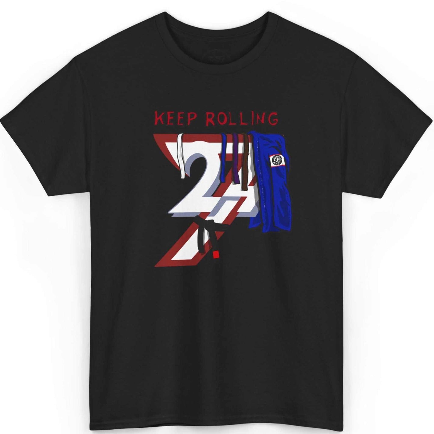 Front view of a sleek black martial arts casual tee highlighting the blue gi and 24/7 logo graphic, shown on a clean background.