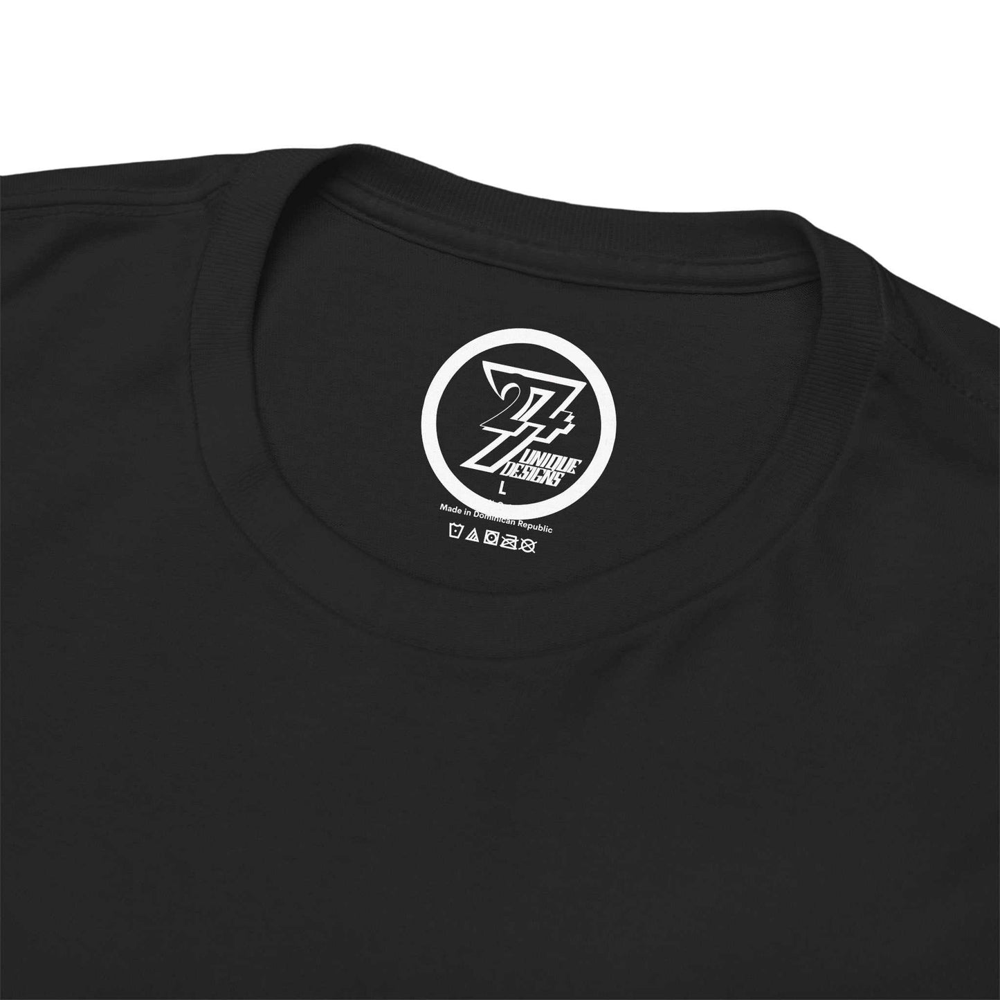 Close-up of the seamless crew neckline on the black martial arts streetwear tee, clearly showing the official 24/7 Unique Designs inner label branding.
