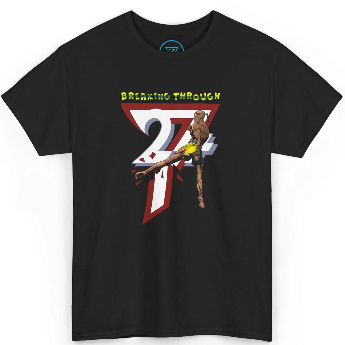 Front view of a sleek black martial arts streetwear tee showcasing the dynamic kickboxing illustration, laid flat.