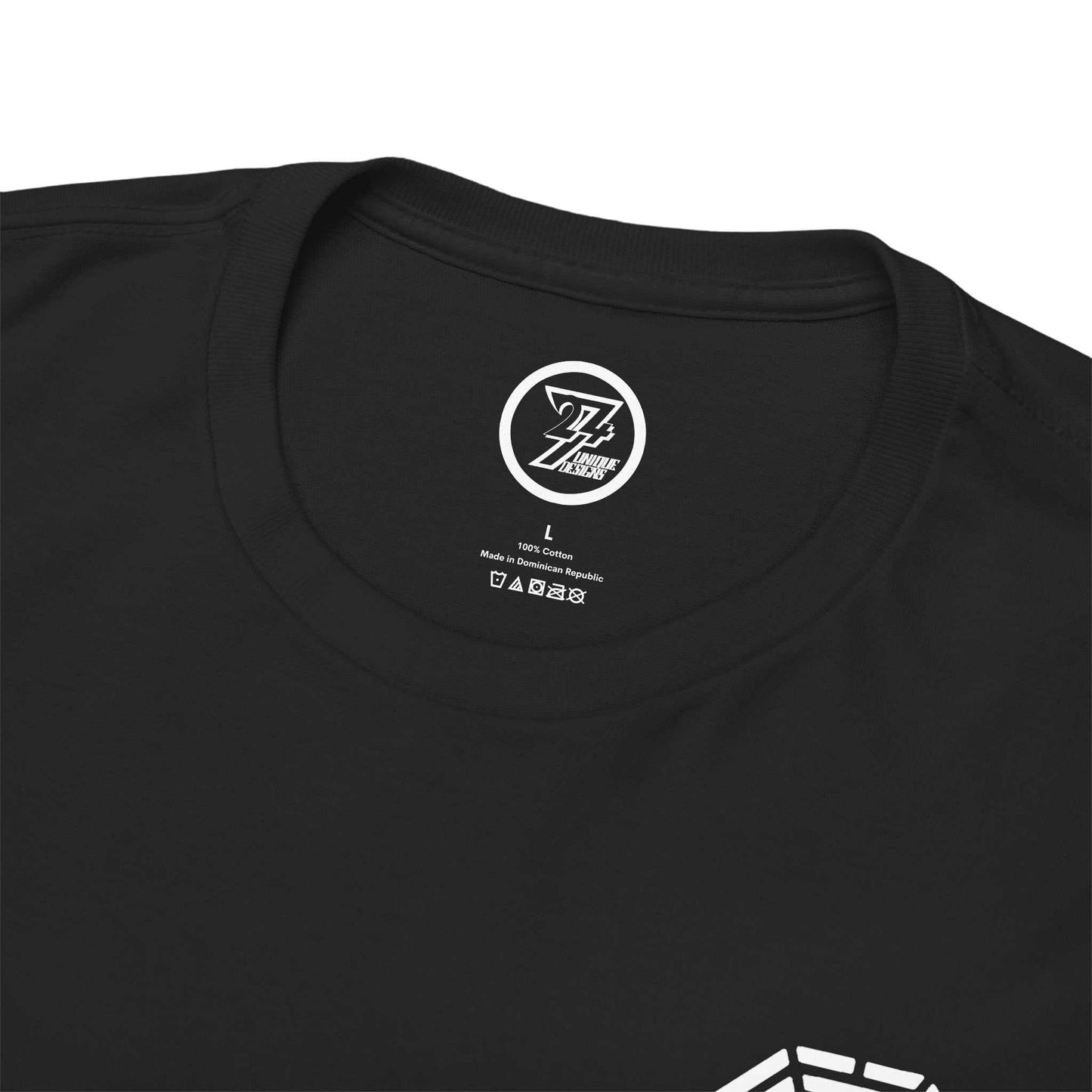 Close-up of the classic crew neckline on the black minimalist graphic tee, showing the durable construction and inner label.