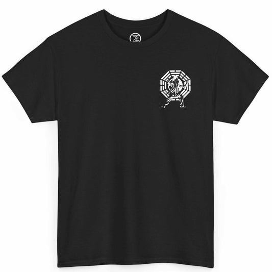 Front view of a sleek black minimalist Tai Chi t-shirt featuring a subtle Bagua chest emblem, displayed on a clean background.
