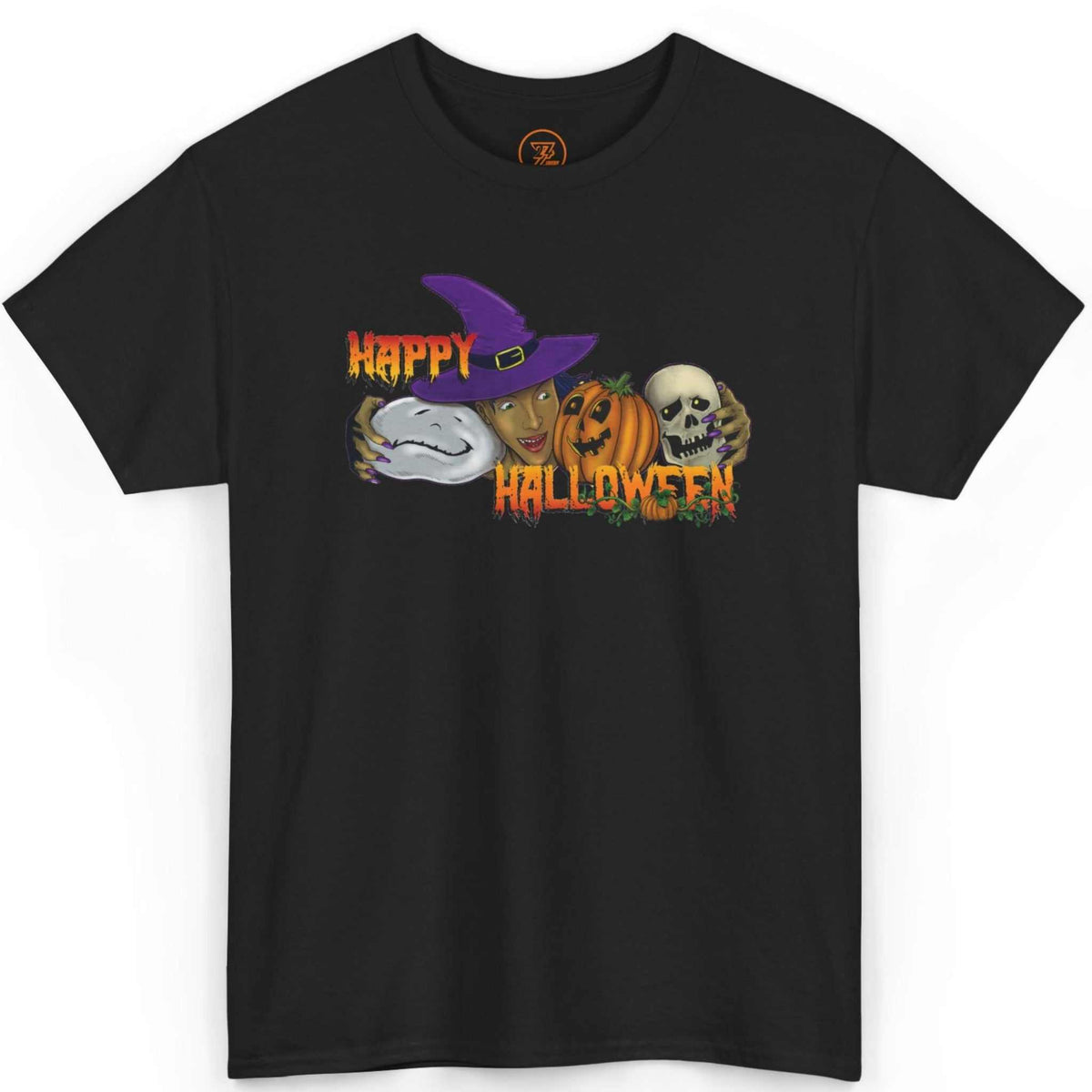 Front view of a sleek black witch trick or treat t-shirt highlighting the colorful digital Halloween art, displayed on a clean background.
