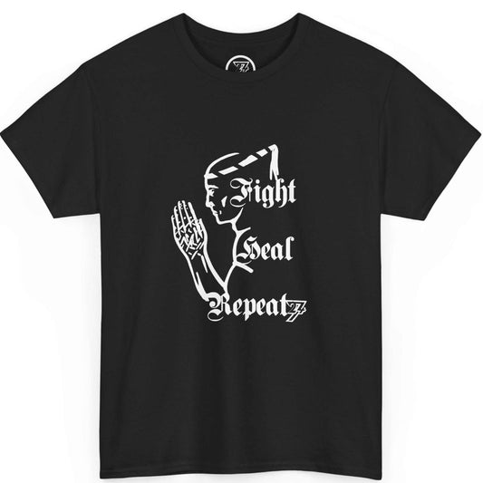 Front view of a sleek black Muay Thai warrior t-shirt featuring the white hand-drawn Wai Kru graphic, displayed on a clean background.