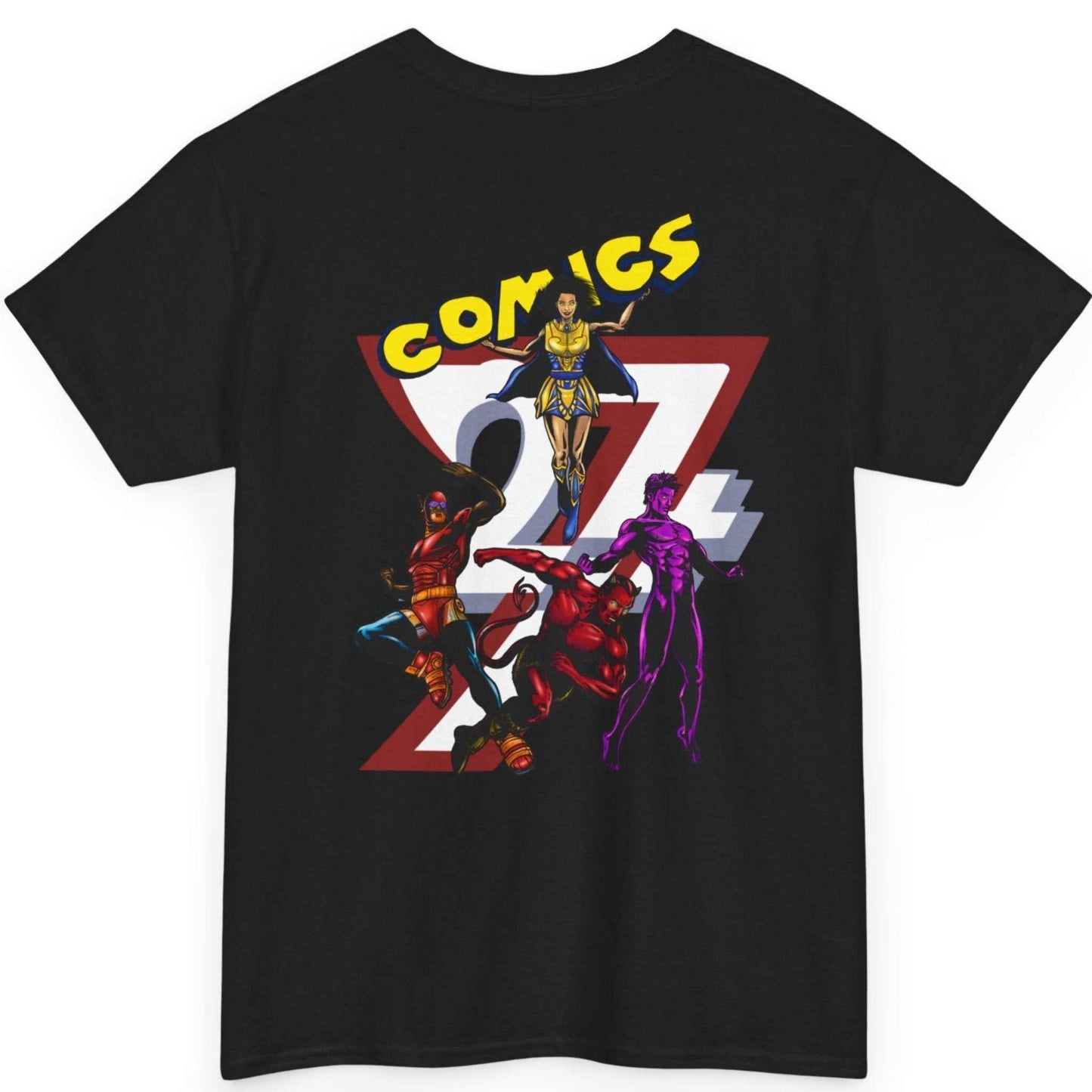 Back view of a black original superhero team graphic tee featuring the explosive character design on the back.