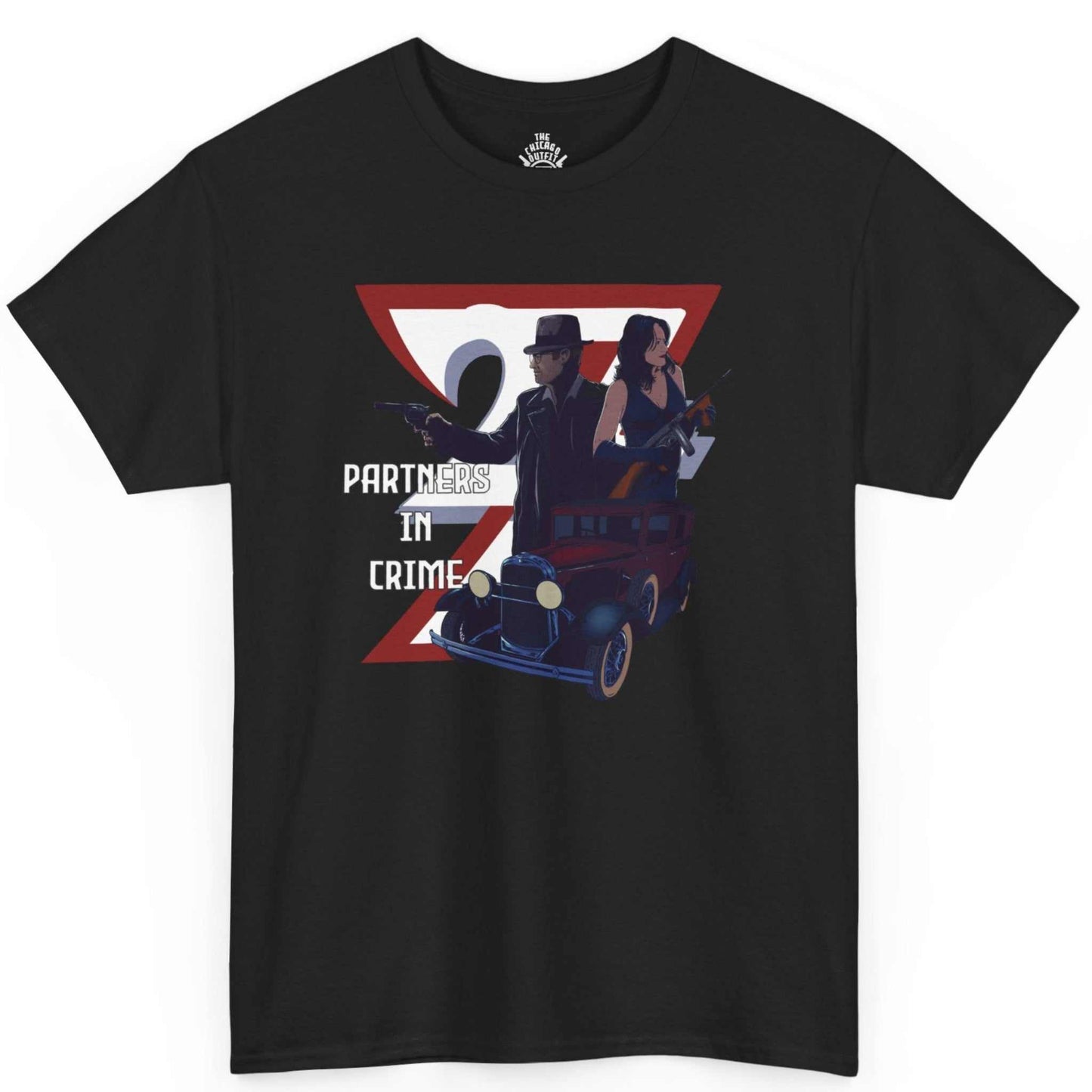 Front view of a black partners in crime couples shirt featuring the hand-drawn 1930s mobster and vintage car illustration, displayed on a clean background.