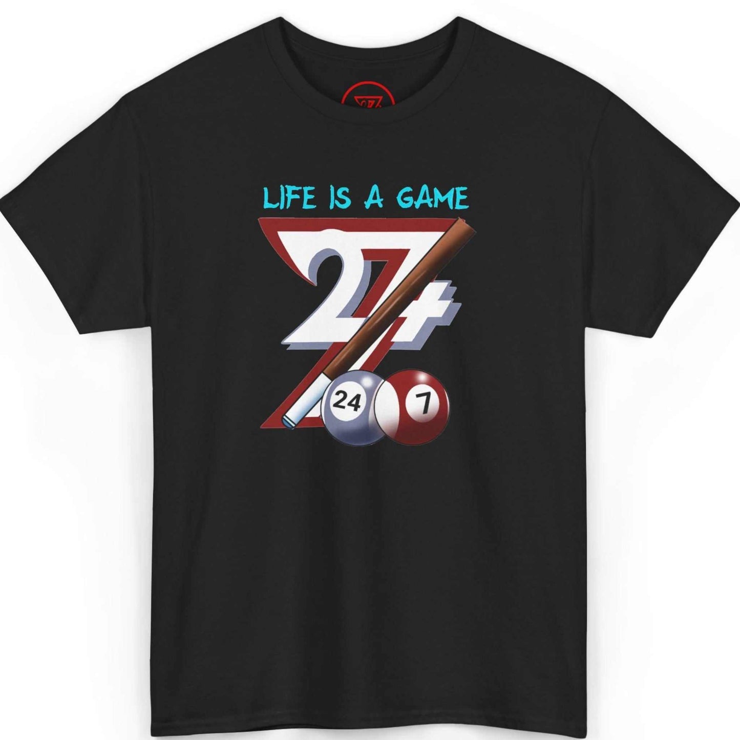 Front view of a sleek black pool player shirt featuring the hand-drawn Life is a Game graphic, displayed on a clean background.