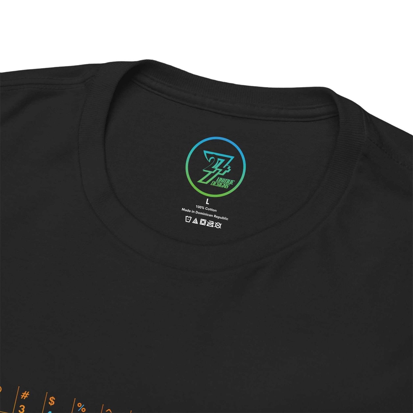 Close up of the shape-retaining ribbed knit collar on the black programmer tee.